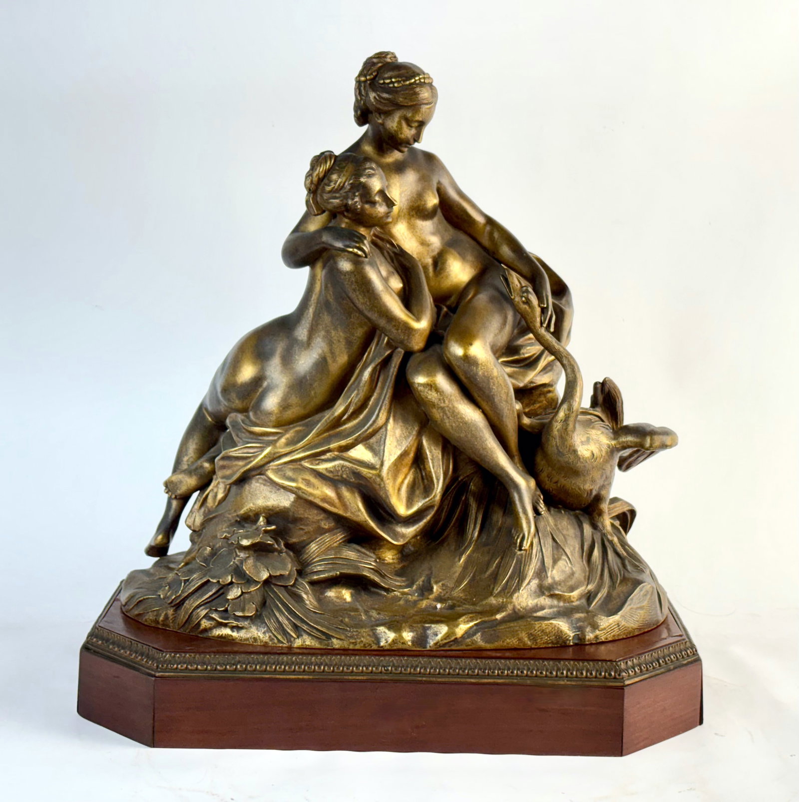Rare Double Leda and Swan Bronze Sculpture: Circa 1900, a rare bronze after Etienne Falconet (1716-1791) antique bronze has foundry stamp "Fumiere et Cie" part of Thiebaut Freres; Fumiere was active 1906-1926 and was highly regarded for their h