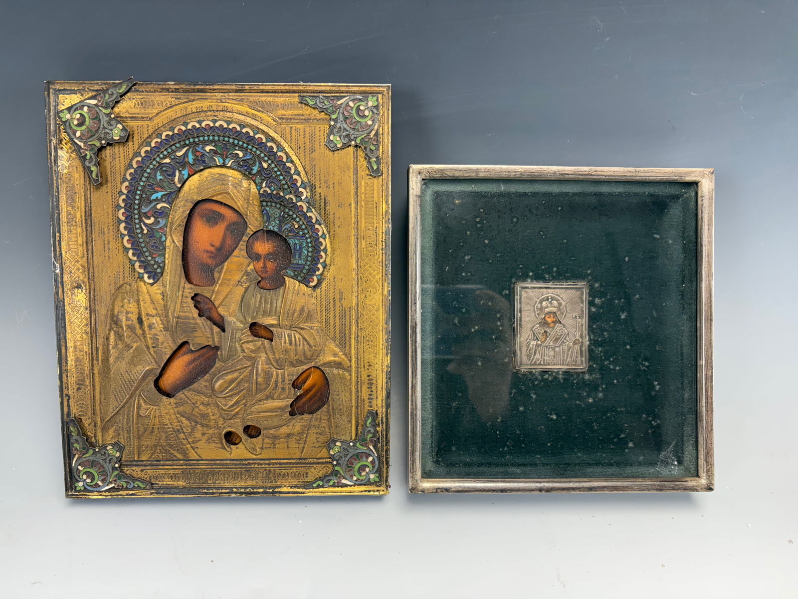 Russian Silver & Enamel Oklad Icon w Sm Icon (1 of 6)