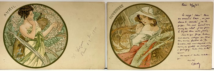 Pair Antique Rare Alphonse Mucha Postcards