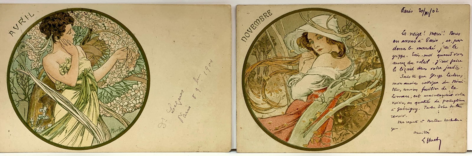 Pair Antique Rare Alphonse Mucha Postcards: Offering a pair of original art nouveau Alphonse Mucha postcards. Both signed Mucha. All come with protective sleeves, good condition, Provenance: Los Angeles estate, 5.5" x 3.5” *In-house shipp
