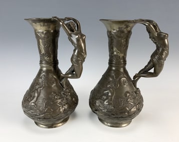 Pair Antique Art Nouveau Ewers with Nude Handles