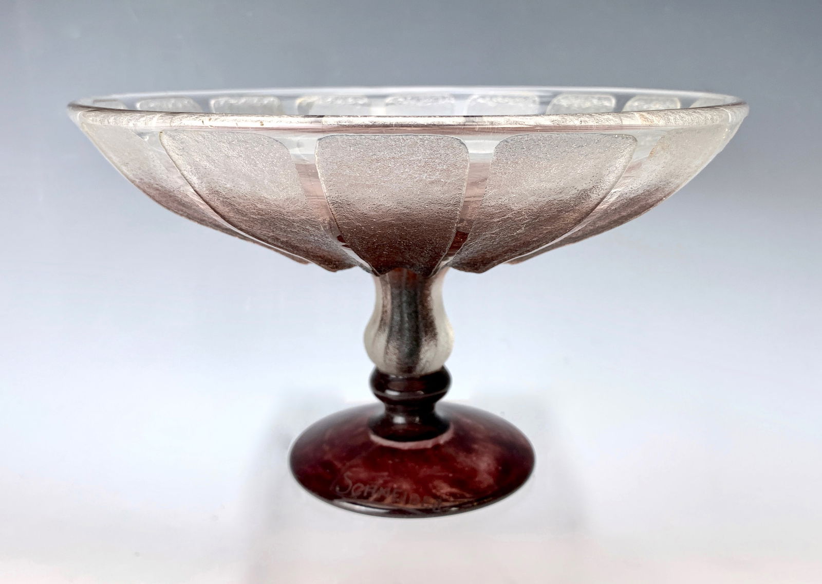 Schneider Art Nouveau Acid Etched Compote Sgd: Circa 1900, beautiful acid etched compote in graduating shades of reddish purple to clear and a deep plum colored glass base, signed "Schneider" on base, very good condition, 5" height, 8" diameter. *
