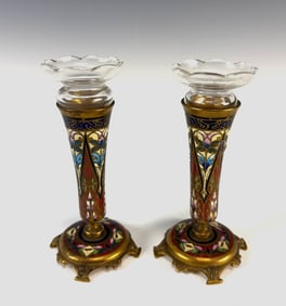 Pr Bronze & Champleve Enamel Vases w Glass Inserts