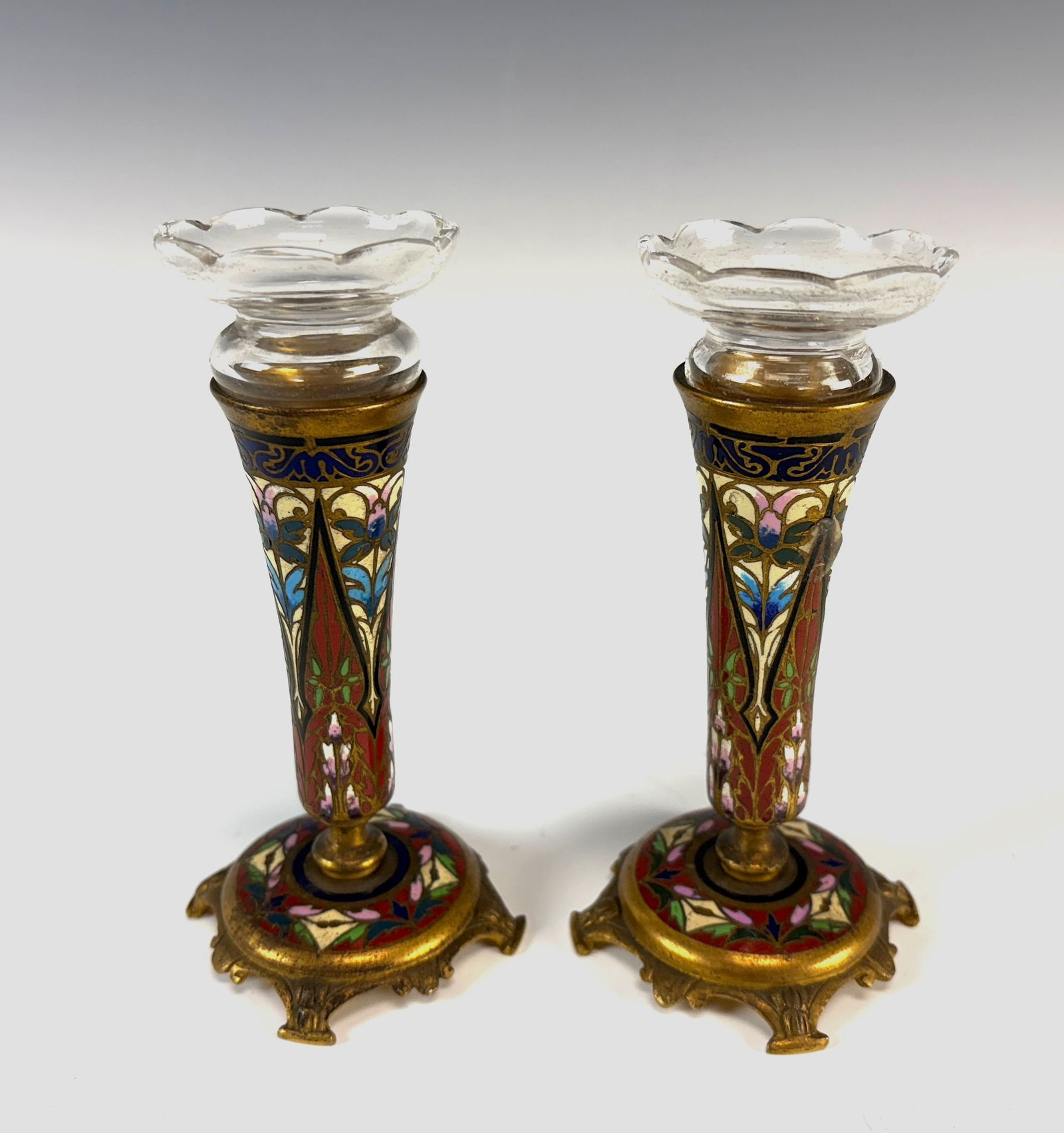 Pr Bronze & Champleve Enamel Vases w Glass Inserts: Circa 1900, pair French antique bronze and champeve enamel vases both with original glass inserts, very good condition, 5.25" x 2.5" *In-house shipping within the U.S. available for this lot*