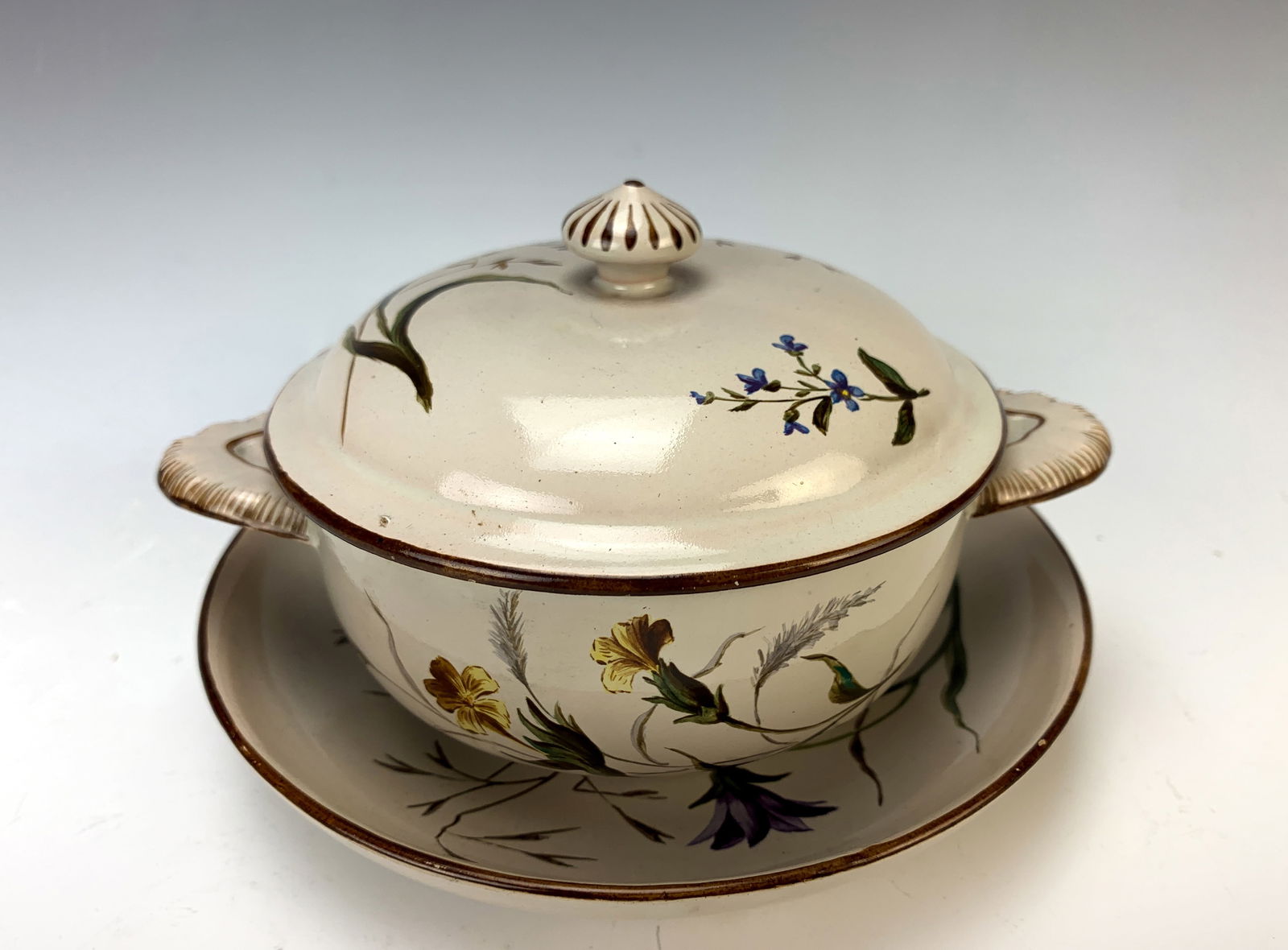 Galle Nancy Art Pottery Covered Bowl & Underplate: Circa 1900, a fine Galle pottery bowl, lid and under plate with floral decoration, all pieces signed "E. Galle Nancy". Size: dish is 6" diameter, bowl is 6-5/8" widest, very good condition. *In-house