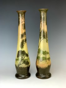 Pair Of Legras Enameled Art Glass Scenic Vases
