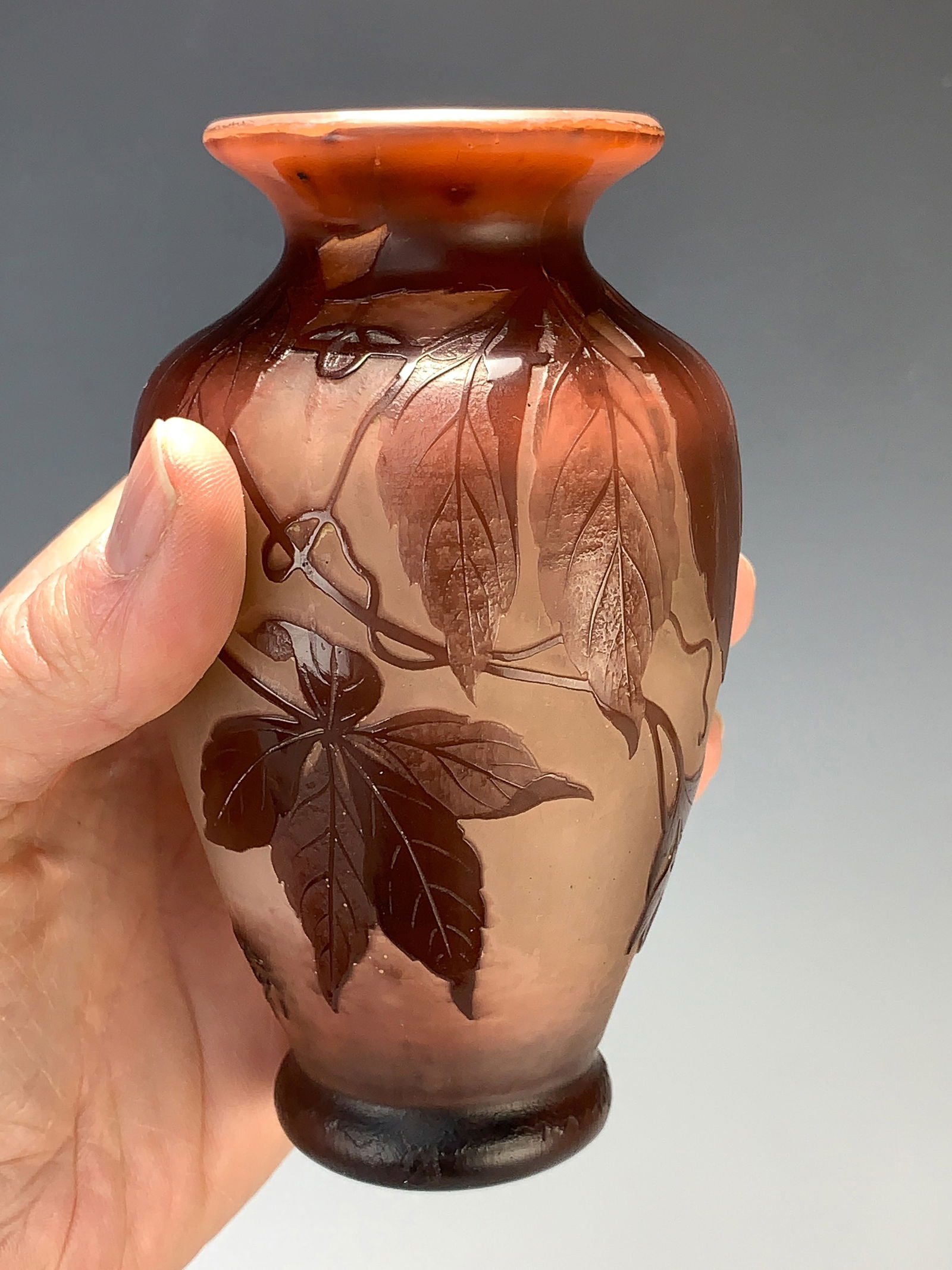 Andre Delatte Nancy Cameo Art Glass Vase: Andre Delatte (1887-1953) French cameo glass vase having purple foliage over frosted glass ground. Signed "A. Delatte". Very good condition, 5 1/8" tall. *In-house shipping within the U.S. availablefo