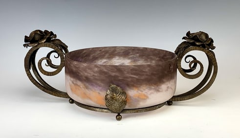 Signed Degue Art Deco Glass & Iron Bowl