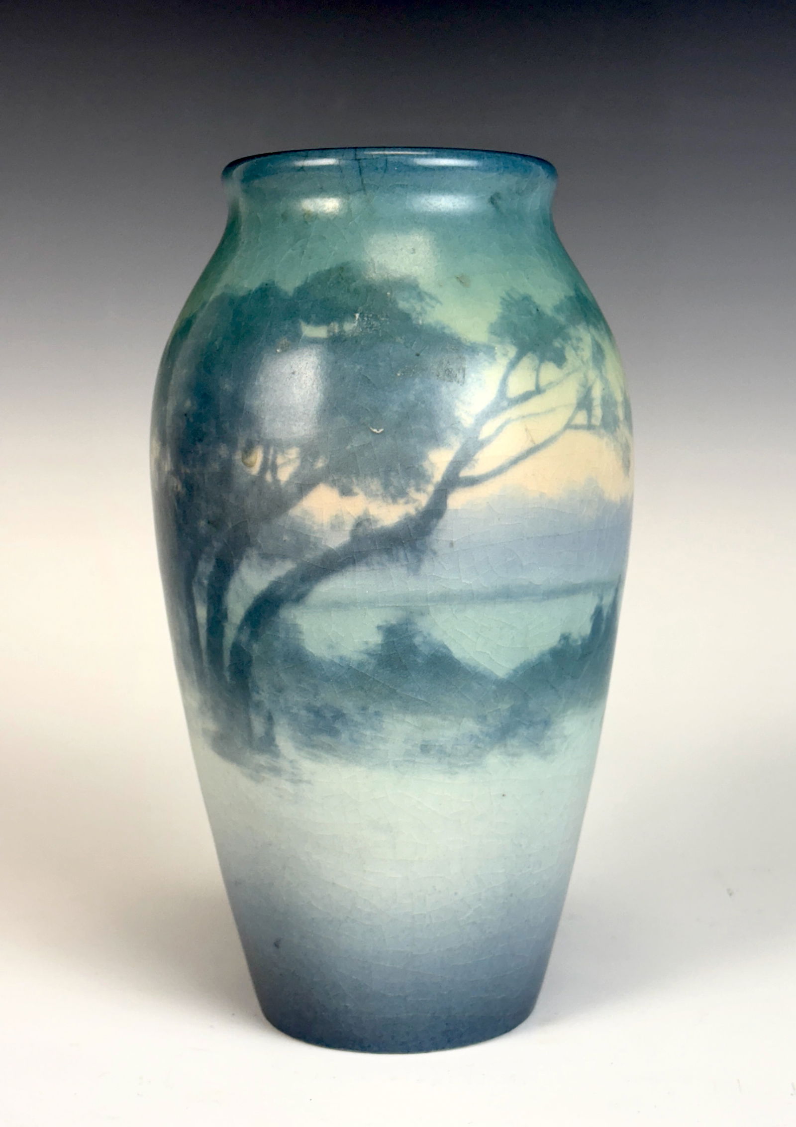 Rookwood Art Pottery Vellum Scenic Vase: Fine arts & crafts Rookwood Art Pottery vase by Carolyn Frances Steinle dated 1921 with forested landscape. Impressed manufacturer's date mark "XXI" with incised artists monogram "CS", and numbered "9