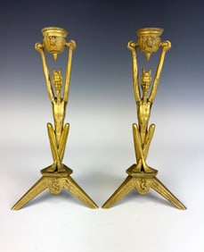 Rare  Antique Gilt Bronze Devil Candlesticks Sgd