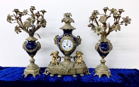 Porcelain & Bronze Sevres Type 3 Piece Clock Set