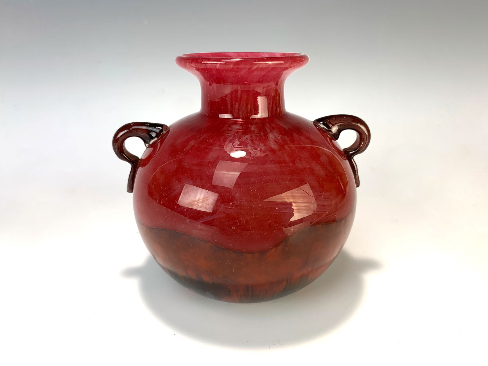 Charles Schneider Art Deco Art Glass Vase: A charming signed Schneider (1881-1953) Art Deco period handled vase of red mottled glass with bottom half having red with black streaks and black applied handles.Very good condition, 4.25" tall x 4.7