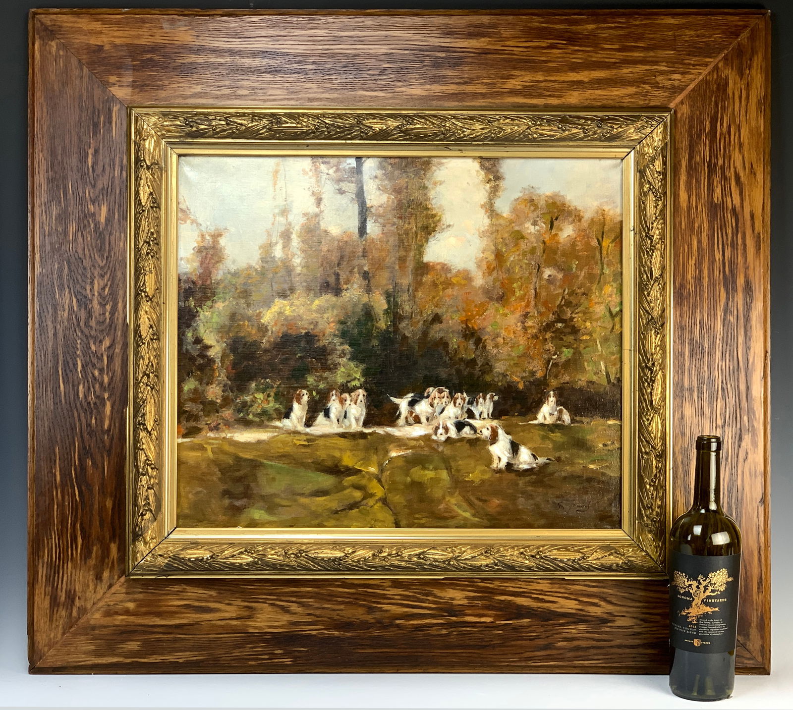 Georges Fauvel original painting "Group of Hounds": Georges Fauvel (France 1881-1907) Oil on canvas 1925. Fabulous antique painting depicting a large group of hounds in a forest landscape, mounted in a wide wood frame with a gold ornate liner. Signed l
