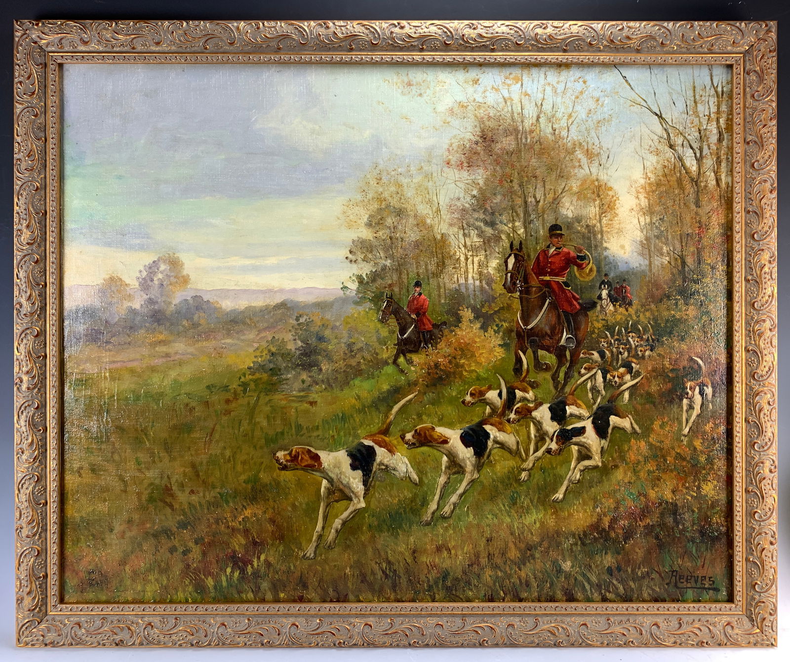 Walter Reeves "On the Hunt" Dog Painting: Walter Reeves (1882-1900) Oil on canvas, late 19th century scene in the English taste. The artist was active and lived in New York, well known for these scenes. The last one like it sold on Live Aucti