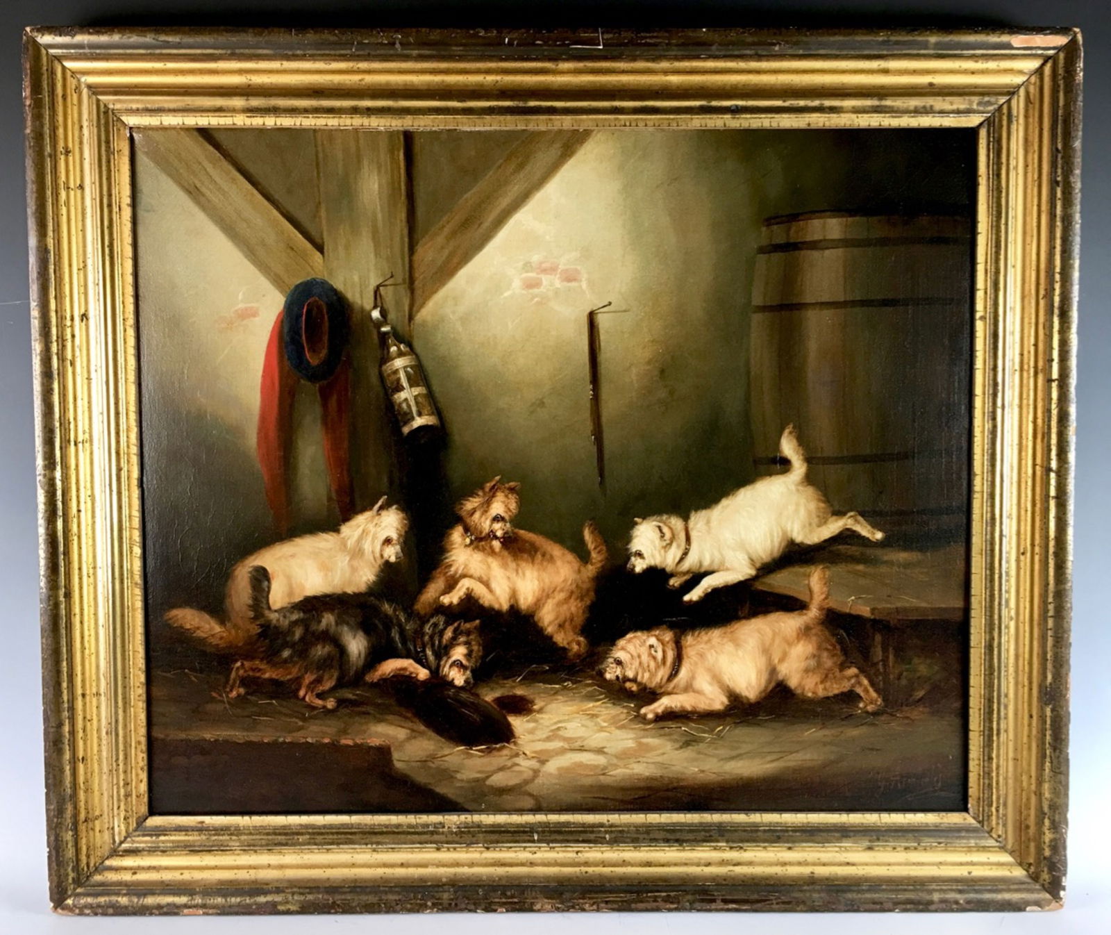 Signed G. Armfield "Group of Terriers": Circa 19th century, English, oil on canvas of terriers in barn, signed lower right "G. Armfield", relined, good condition, 24" x 28" with frame
