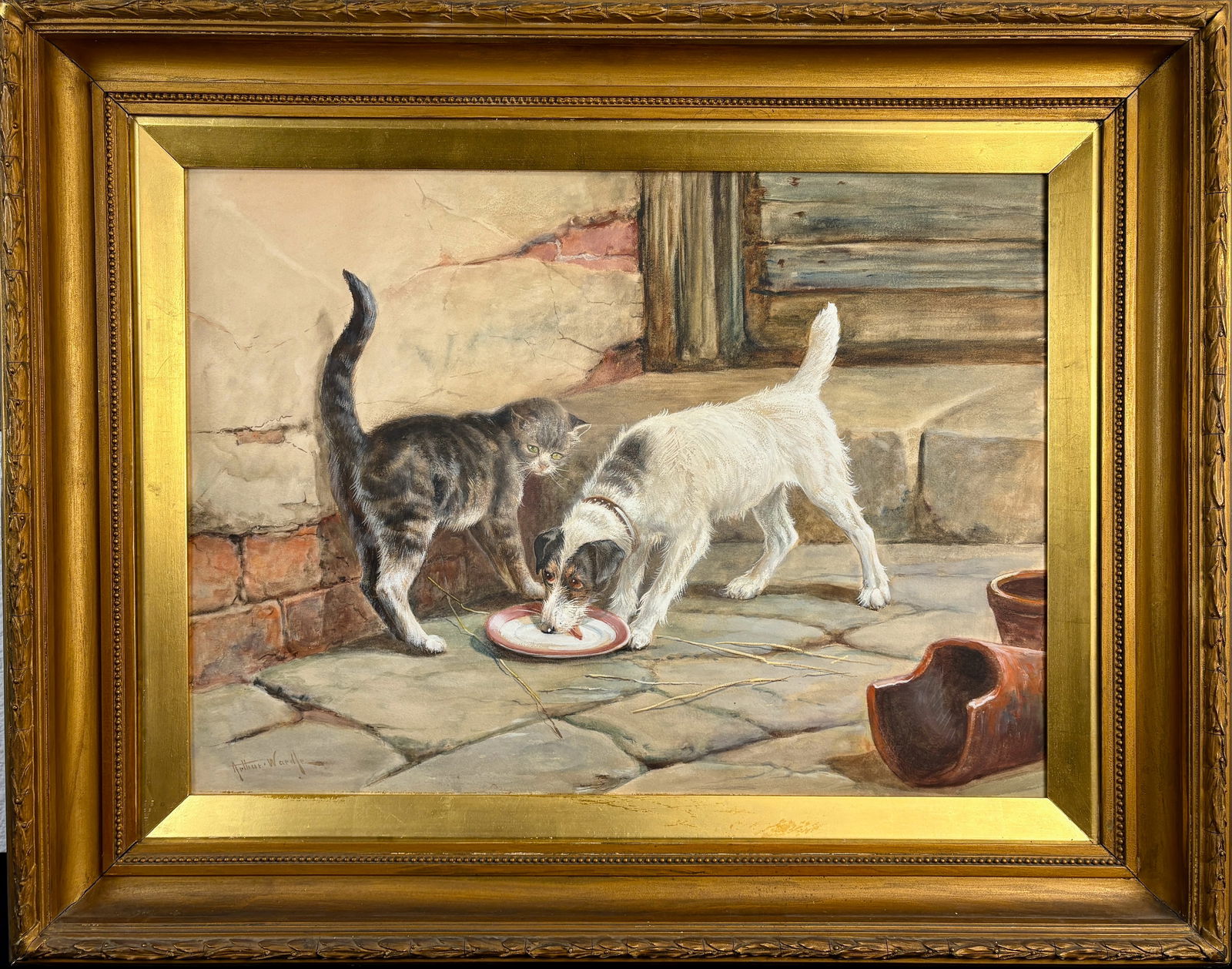 Arthur Wardle Terrier & Cat Painting: Arthur Wardle (British1864-1949) fine quality watercolor of a terrier and cat drinking milk, signed lower left "Arthur Wardle" mounted into the original gilt frame. Very good condition, sight 19" x 26