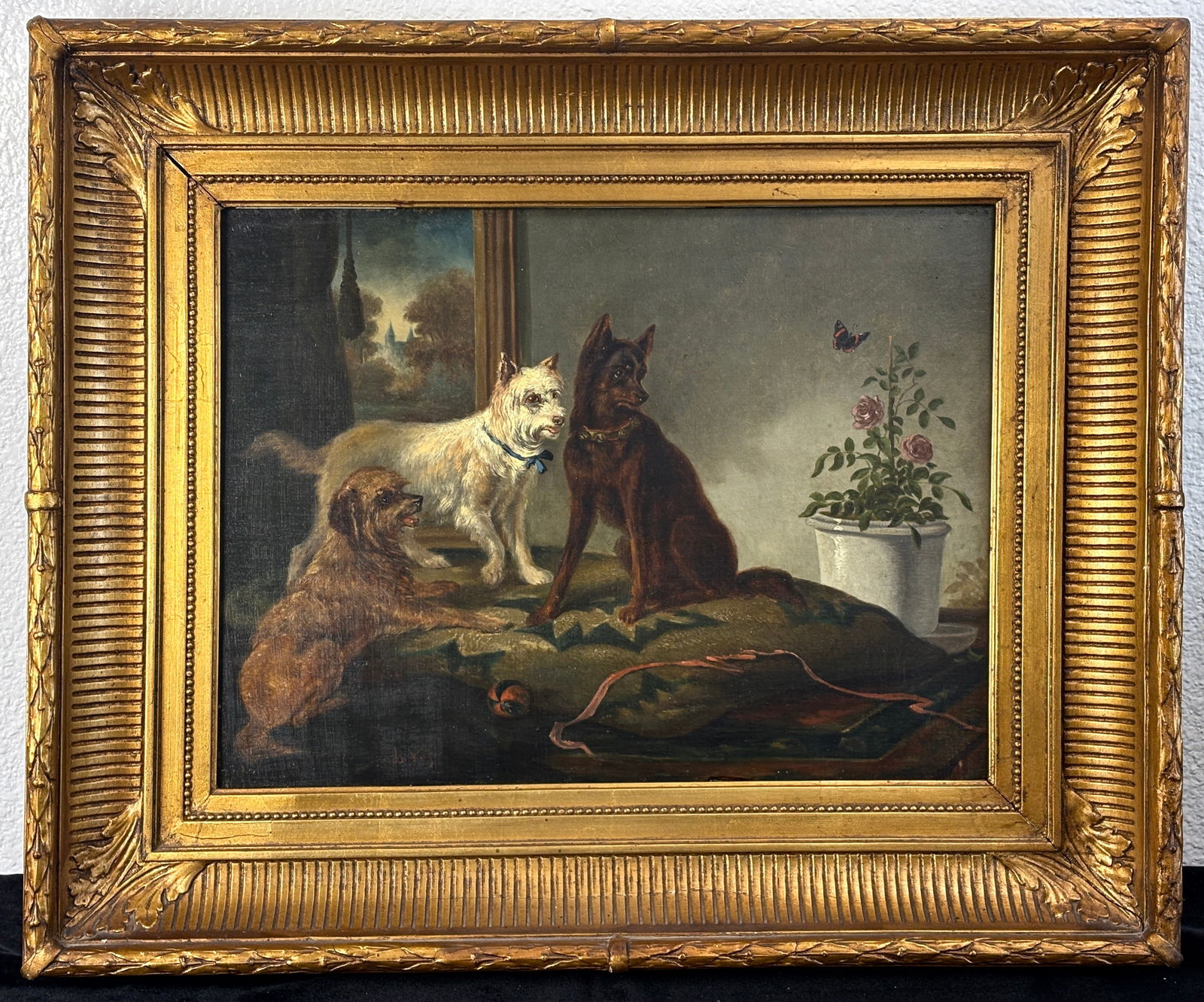 Vincent De Vos "Three Dogs Watching Butterfly": Vincent de Vos (1829-1875) Original oil painting on board by the well listed Belgian artist known for his dog paintings, signed lower left, gilt impressionist frame, good condition, sight 15" x 20.5"
