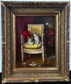 Jules Leroy Cat Painting "2 Kittens in a Chair"