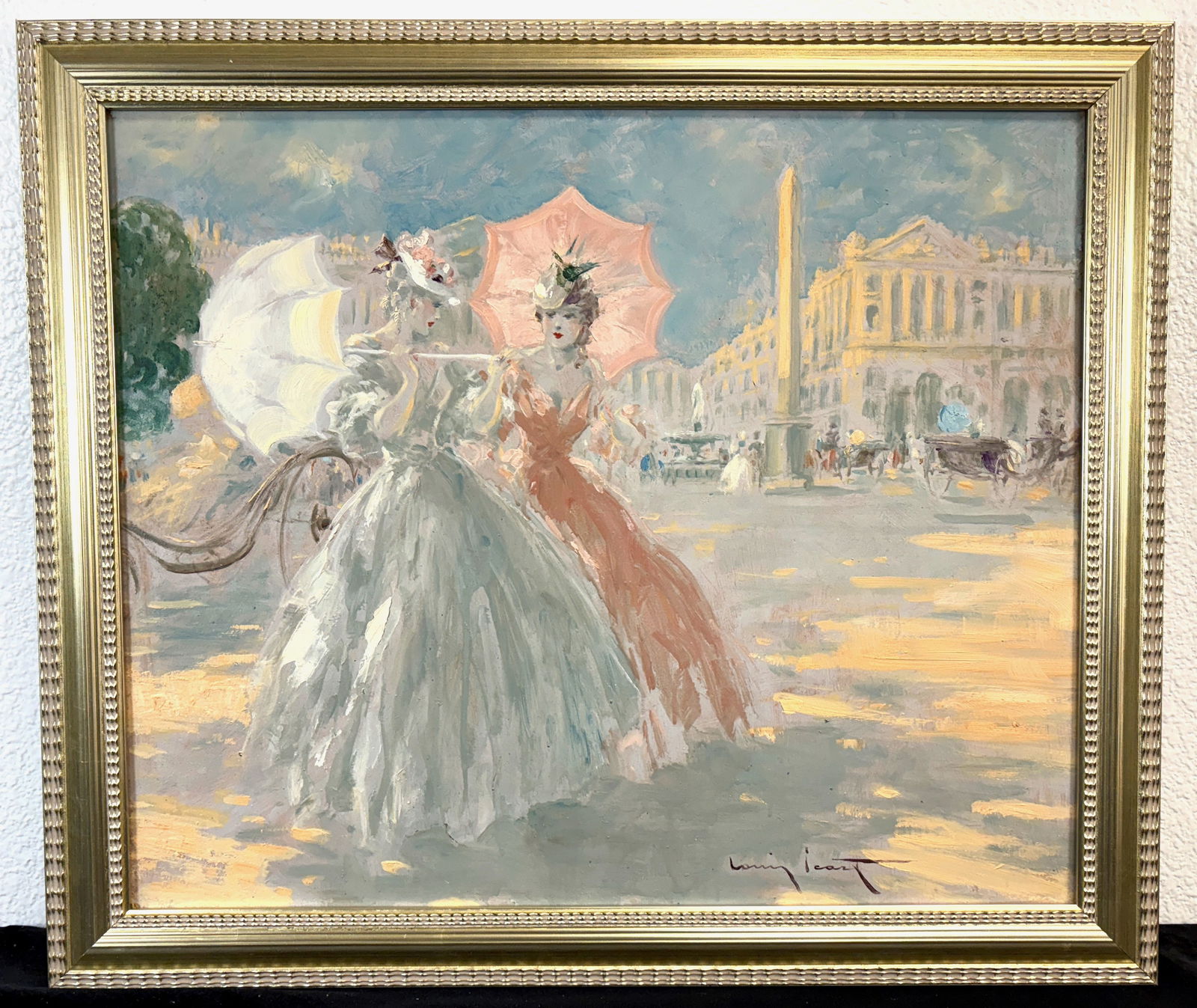 Louis Icart Oil Painting "Place de la Concorde": Louis Icart (1888-1950) Original and authentic oil on board of two elegant ladies and horse drawn carriage at the Place de la Concorde, a favorite subject of Louis Icart. Signed by Icart, lower right.