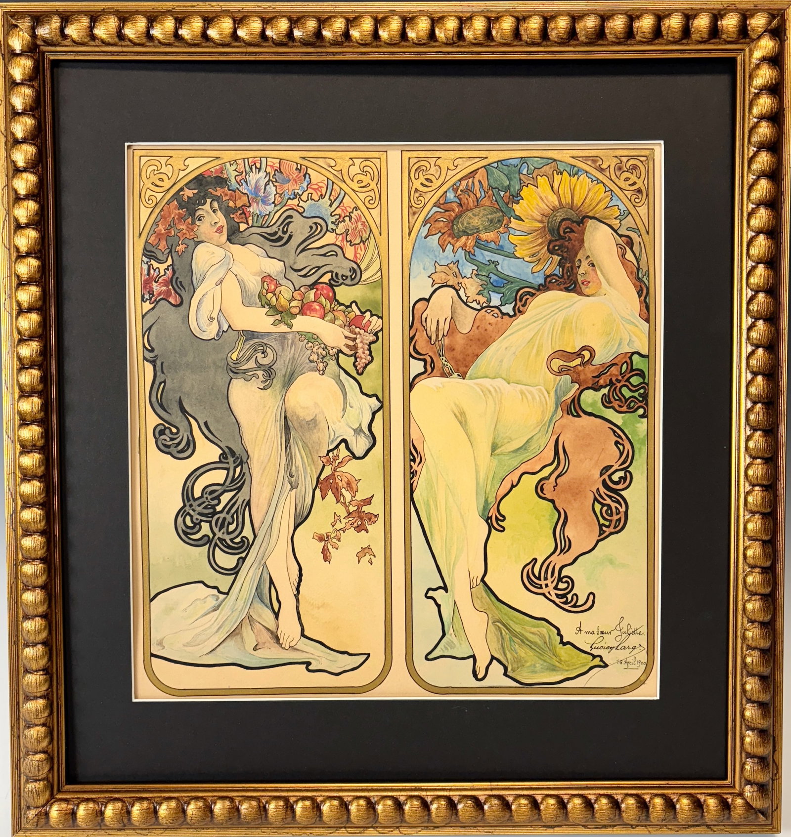 Mucha Style Original Watercolor Painting d.1900: Signed and dated 1900, watercolor on cardboard with original Paris Gallery label, fabulous watercolor painting of Mucha style beauties most likely representing 2 of the Four Seasons, Autumn and Summer