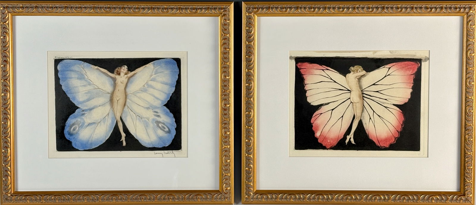 Pair Louis Icart Papillon Drypoint Etchings: Louis Icart (France 1888-1950) two guaranteed original Papillion drypoint and aquatint etchings with hand coloring and lacquer on wove paper, one signed in pencil, both with blind stamp of the artist,