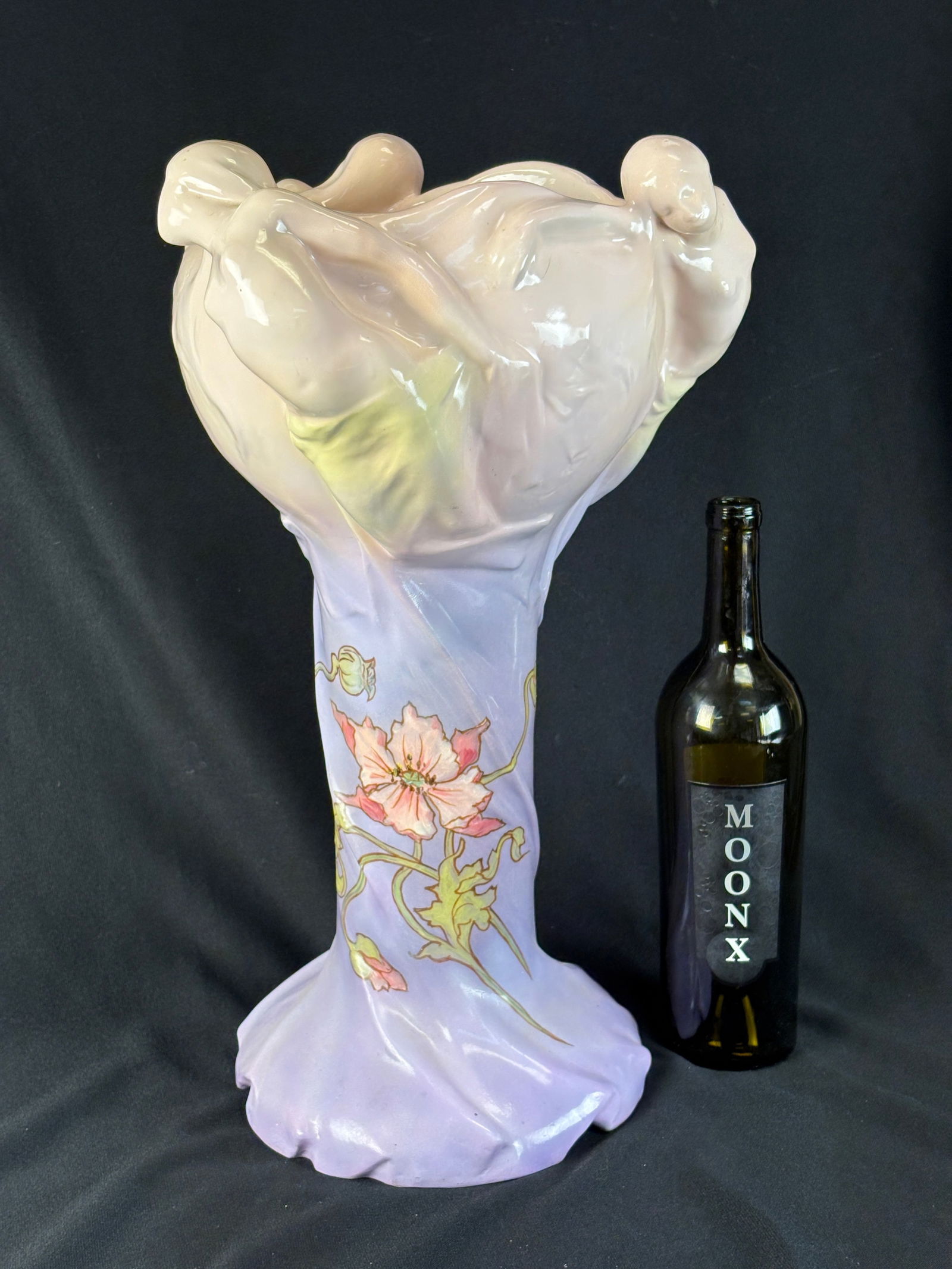 Delphin Massier "Fairy" Art Nouveau Vase: Delphin Massier (France 1836-1907) France, The older brother of Clément Massier, a monumental ceramic vase iridescent glaze modeled with three dimensional winged fairy on flaring body with irises and