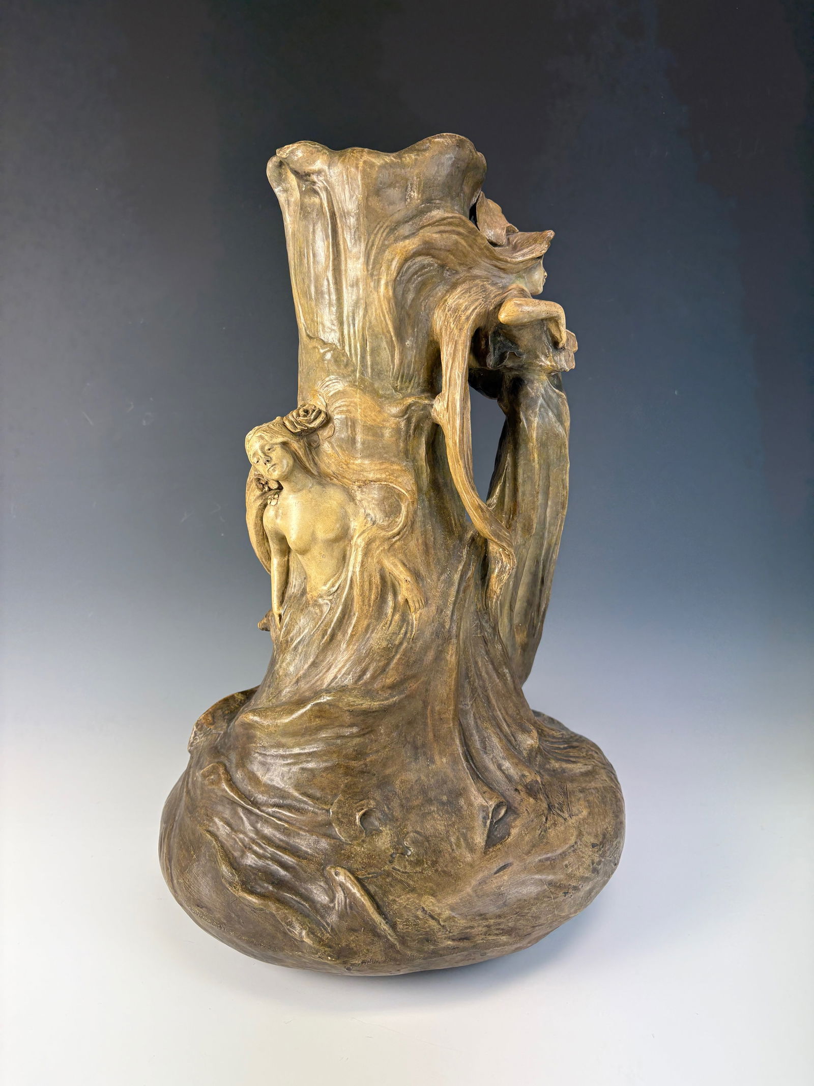 Art Nouveau Goldscheider Two Maidens Vase: Circa 1900, Goldscheider, a beautiful sculpted terracotta figural vase with 2 maidens forming a vase. Signed Pecheur (Friedrich Goldscheider) on side and raised factory stamp on bottom with serial num