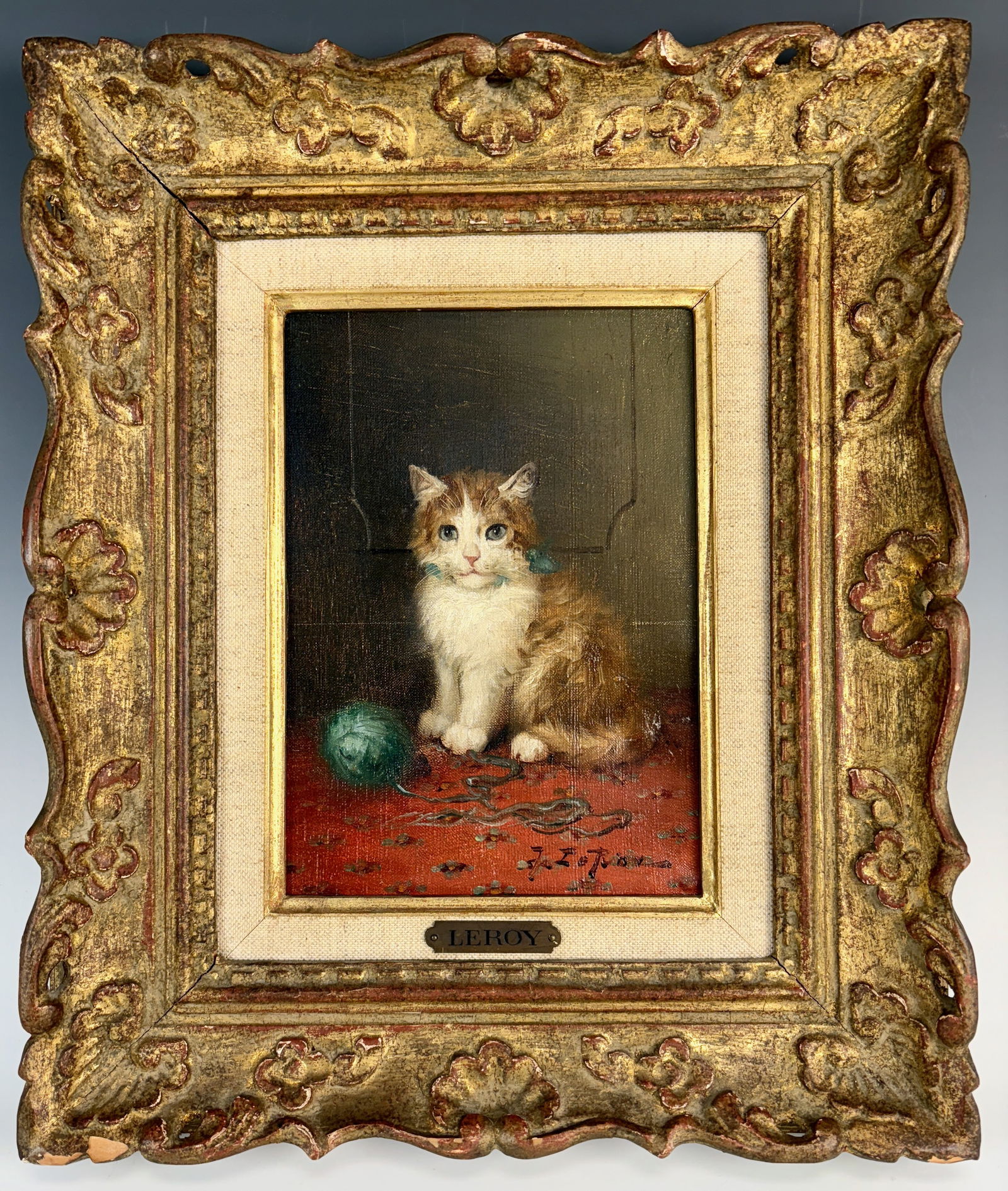 Jules LeRoy Painting Kitten with Ball of Yarn: Jules Gustav Leroy (France, 1856-1921) oil on canvas painting of an adorable kitten playing, signed lower right "J. LeRoy", mounted in original ornate gilt frame with name plaque "LeRoy", very good co
