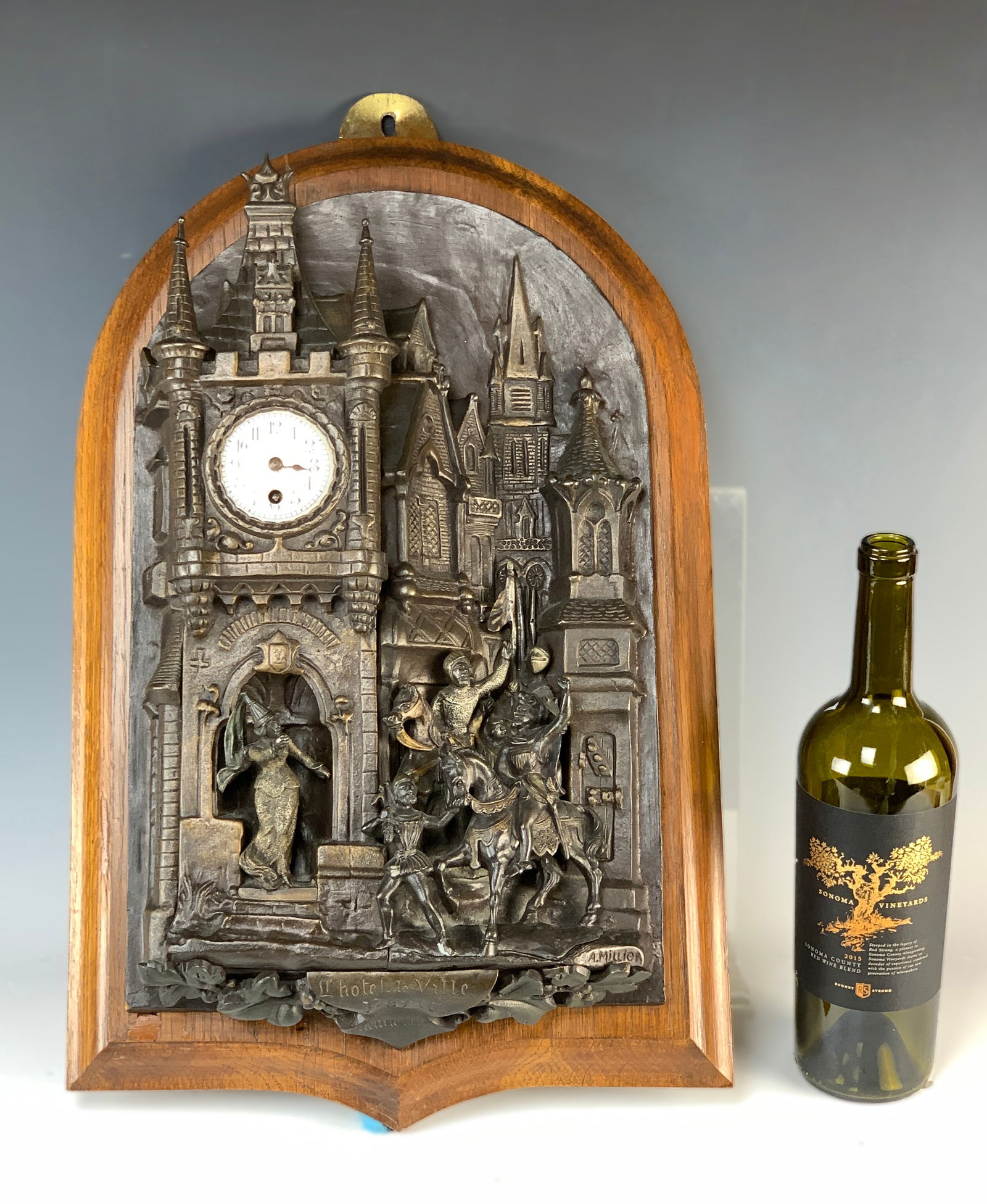 Bronze "Paris City Hall" Clock by A.Milliot: Rare19th-century patinated bronze wall clock signed A. Milliot, titled "The Paris City Hall, the Assassination of Etienne Marcel 1358." Etienne Marcel played a major part in the Paris revolution of 13