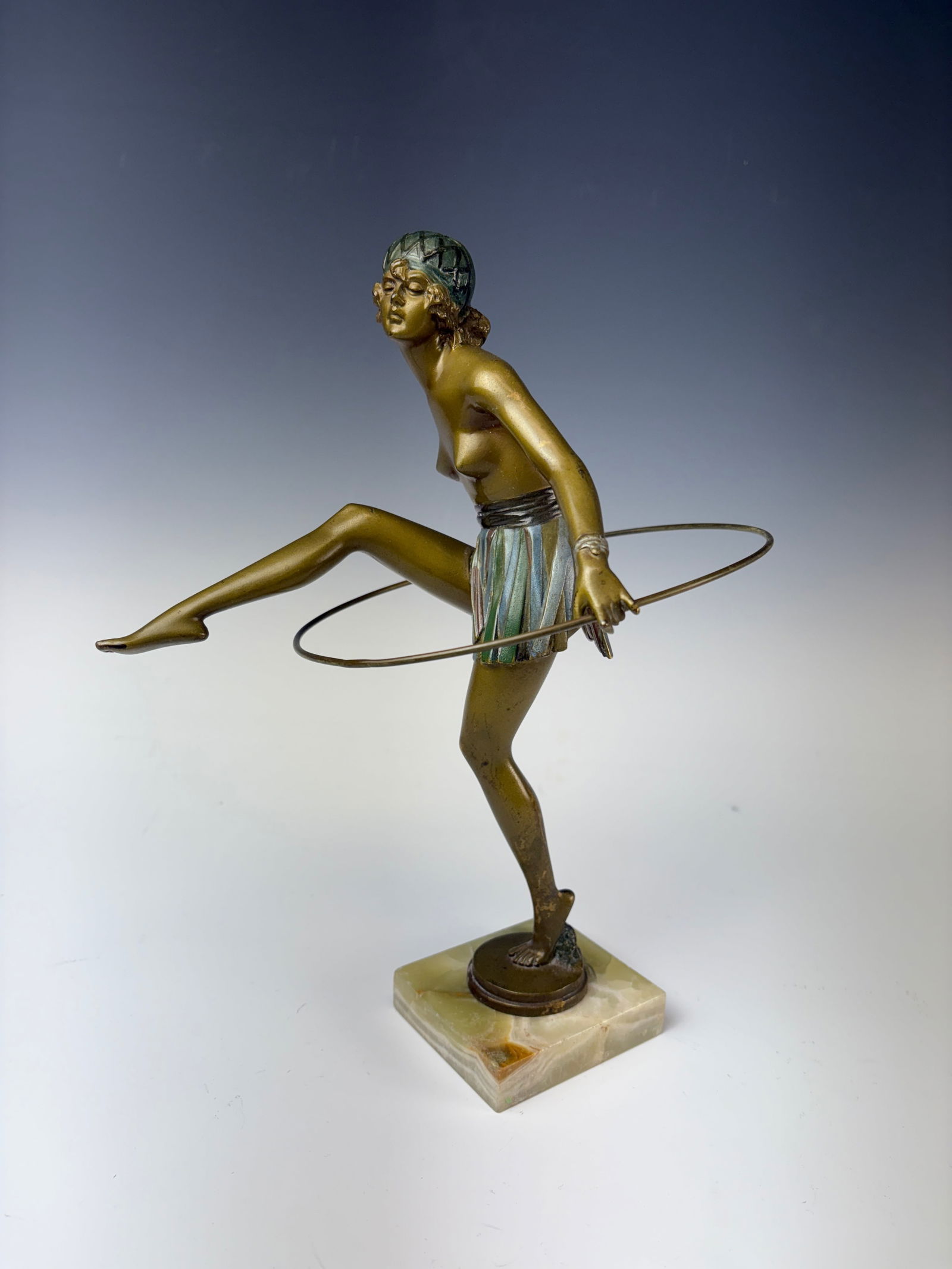 Franz Mazura Bruno Zach Art Deco Bronze of Dancer: Early 20th C, Vienna, Franz Mazura was a pseudonym that Bruno Zach used, Austrian cold painted bronze sculpture with figure of a semi nude art deco hoop dancer, mounted on square onyx base, very good