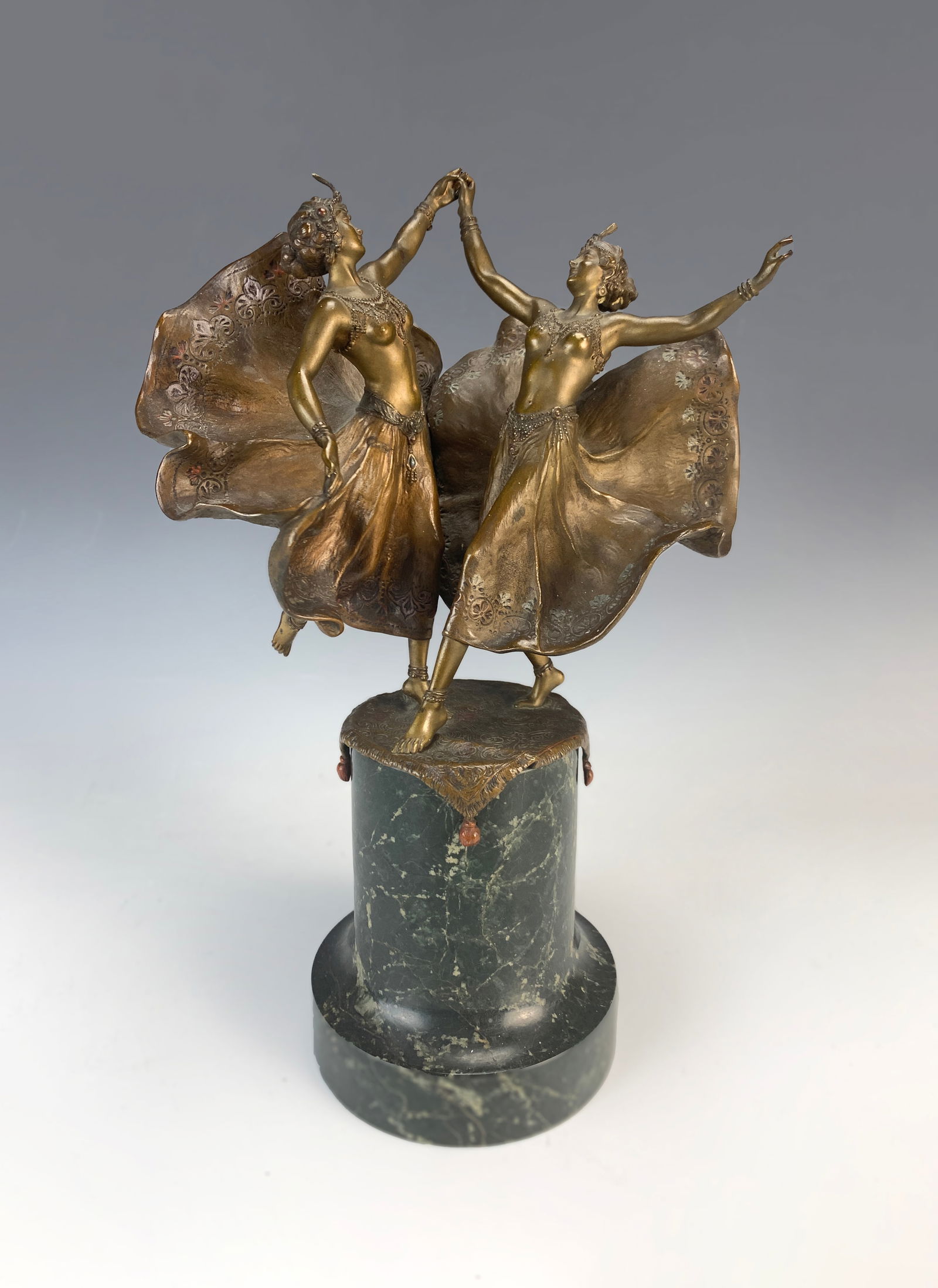 Franz Bergman Austrian Bronze "Harem Dancers": Late 19th century, highly desirable Austrian bronze of two harem dancers with slight cold-painted features. Unsigned but 100% guaranteed to be Bergman, mounted on a marble cylindrical base. very good