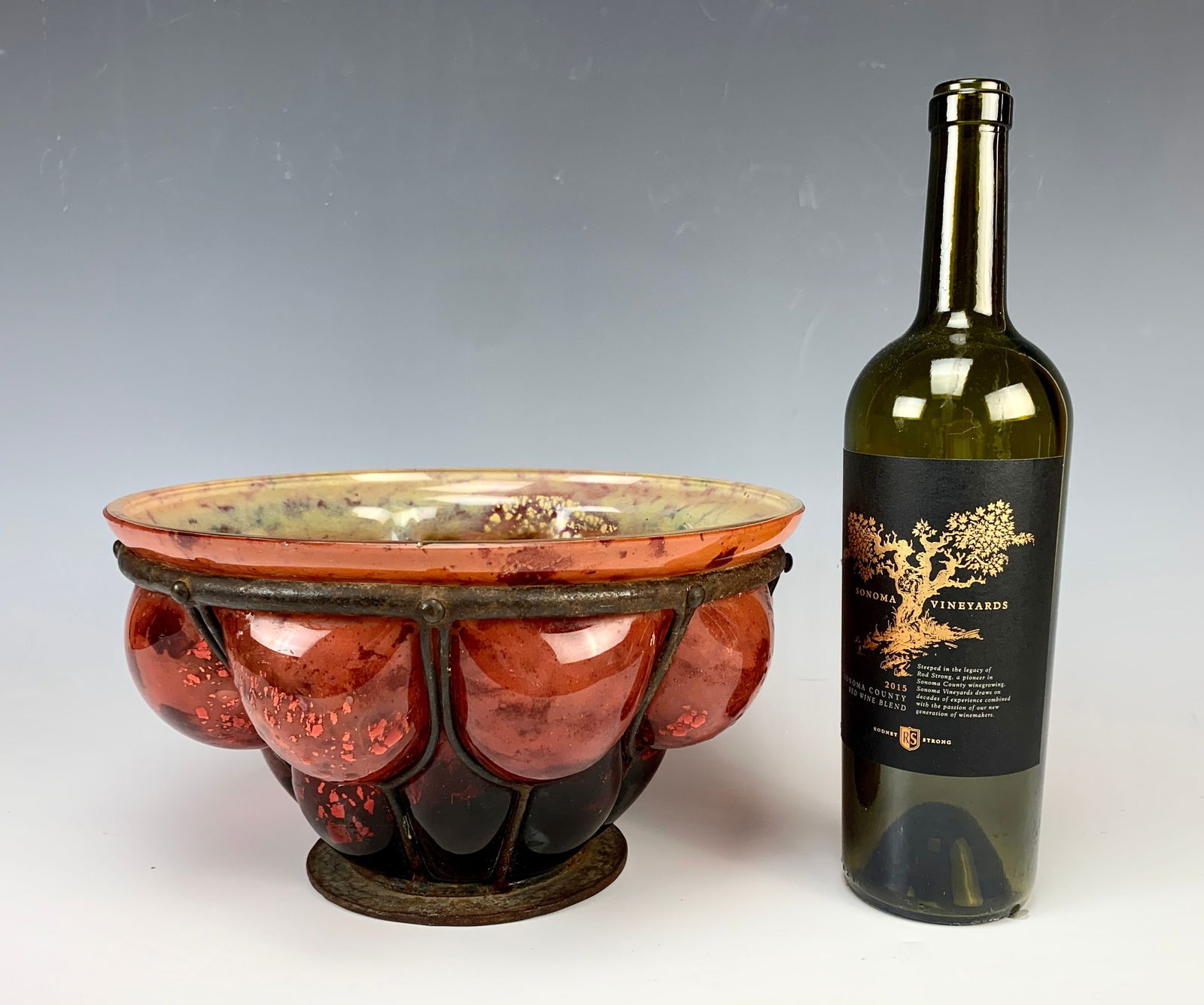 Daum Nancy & Majorelle Blowout Bowl Sgd: Daum Nancy and Majorelle art glass art deco bowl in wrought iron, large rose-yellow and orange mottled glass with metallic flecks throughout in a decIo iron holder, it is properly signed Daum Nancy wi