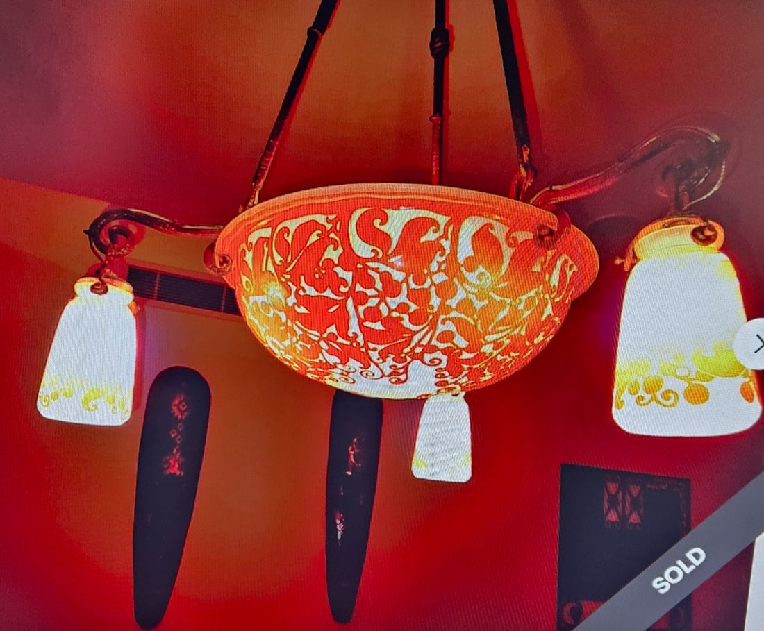 Daum Nancy Cameo Art Glass Chandelier Sgd: Daum Nancy chandelier of cameo glass in orange Leaves and Berries pattern over white frosted ground, dome shade with three matching cameo glass pendant shades all signed Daum Nancy. Good condition. Sh