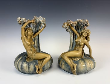Pair Ernst Wahliss Semi Nude Art Nouveau Vases