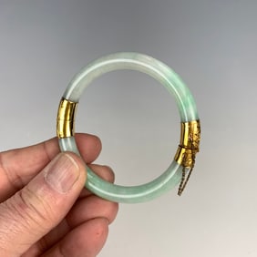 Asian 18K Yellow Gold&Jade Bangle Hinged Bracelet