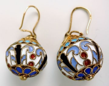 Russian Silver Cloisonne Enamel Earrings