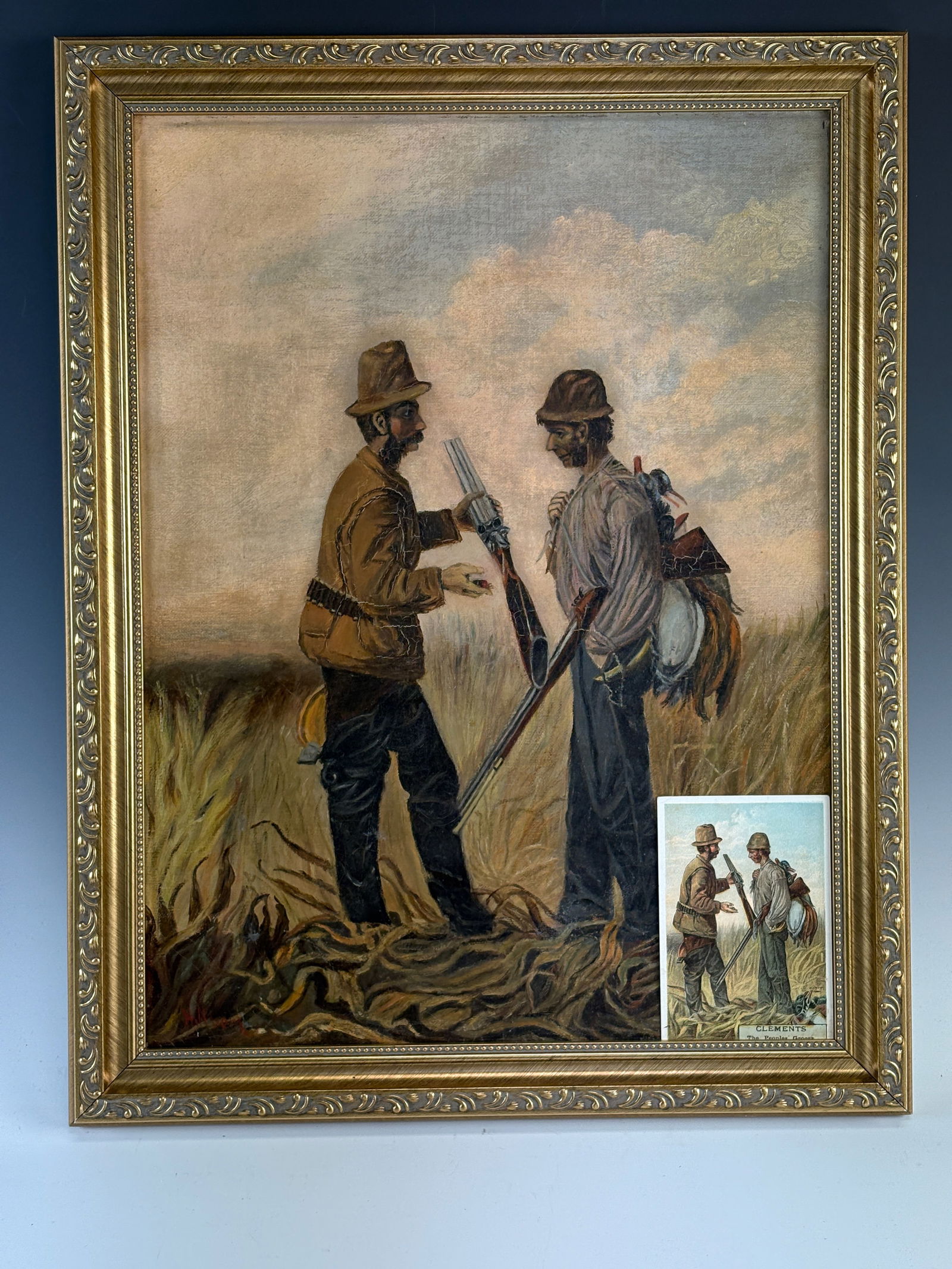 Antique Illustration Painting w Matched Trade Card: Circa 1900, a nice oil on canvas illustration signed lower left "Hillbert"? of a hunting scene together with a trading card of same subject, needs cleaning, good condition16" x 12"