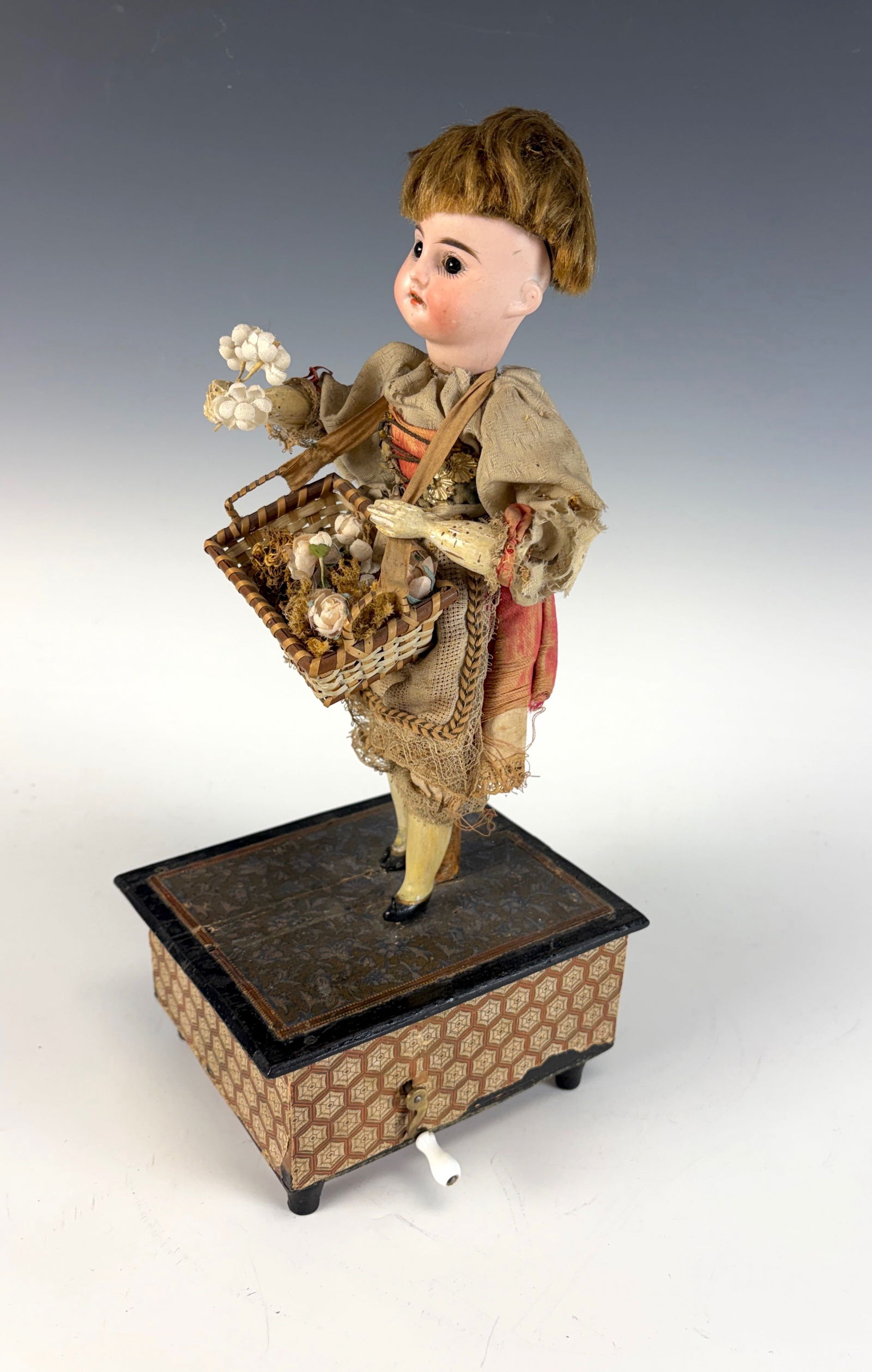 Antique Bisque Head Doll Flower Seller Automaton - 3