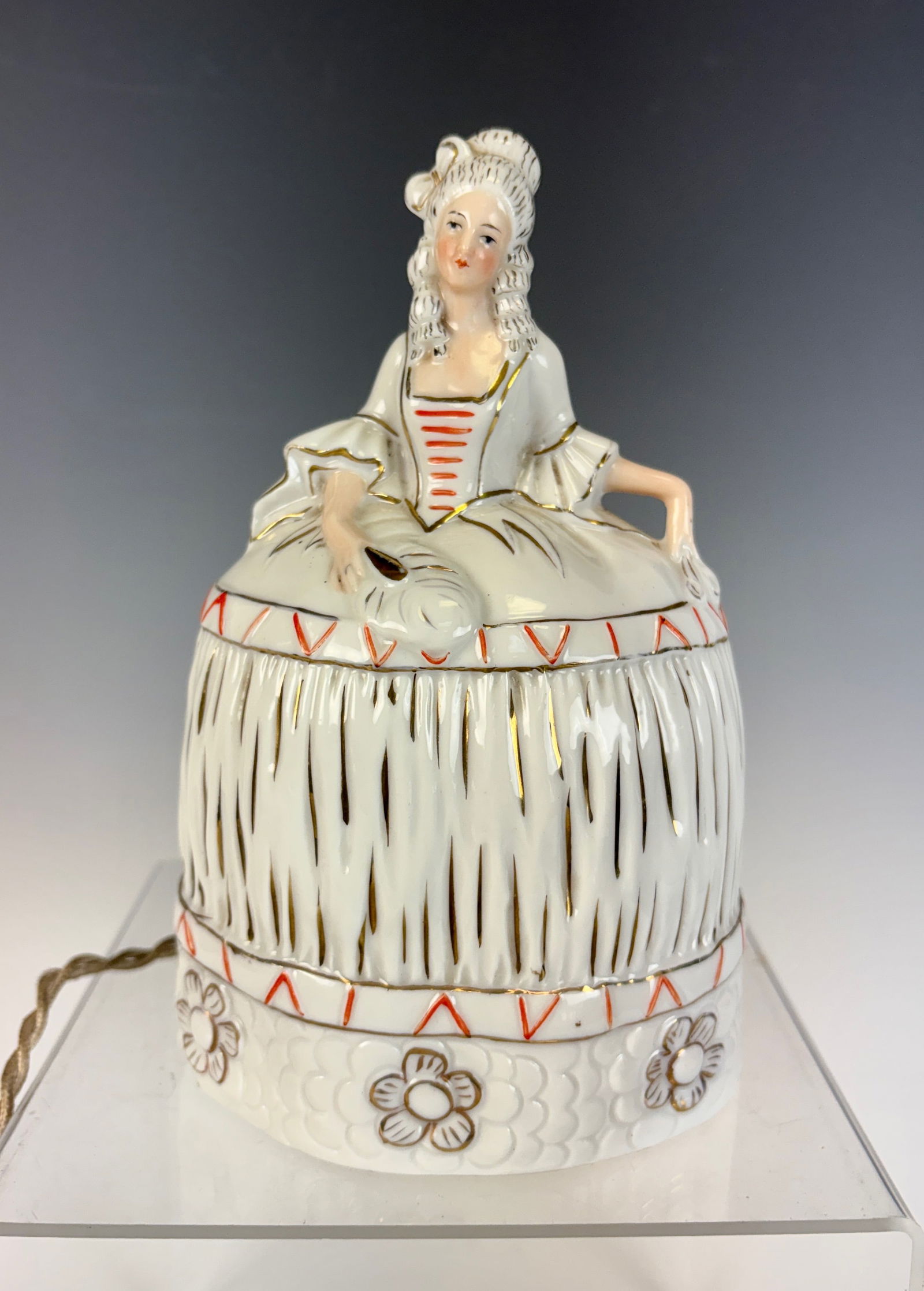 Art Deco Figural Perfume Lamp: An Art Deco perfume lamp depicting a stylized lady in a dress.: 7” tall × 4.5” wide. In very good condition.