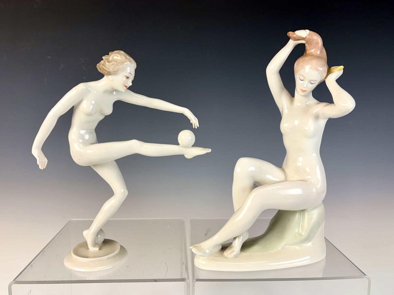 2 Nude Figurines Hutschenreuther & Aquincum: Two fine porcelain nude figures, one by Hutschenreuther and the other by Aquincum, both signed, excellent condition 8.75” tallest.