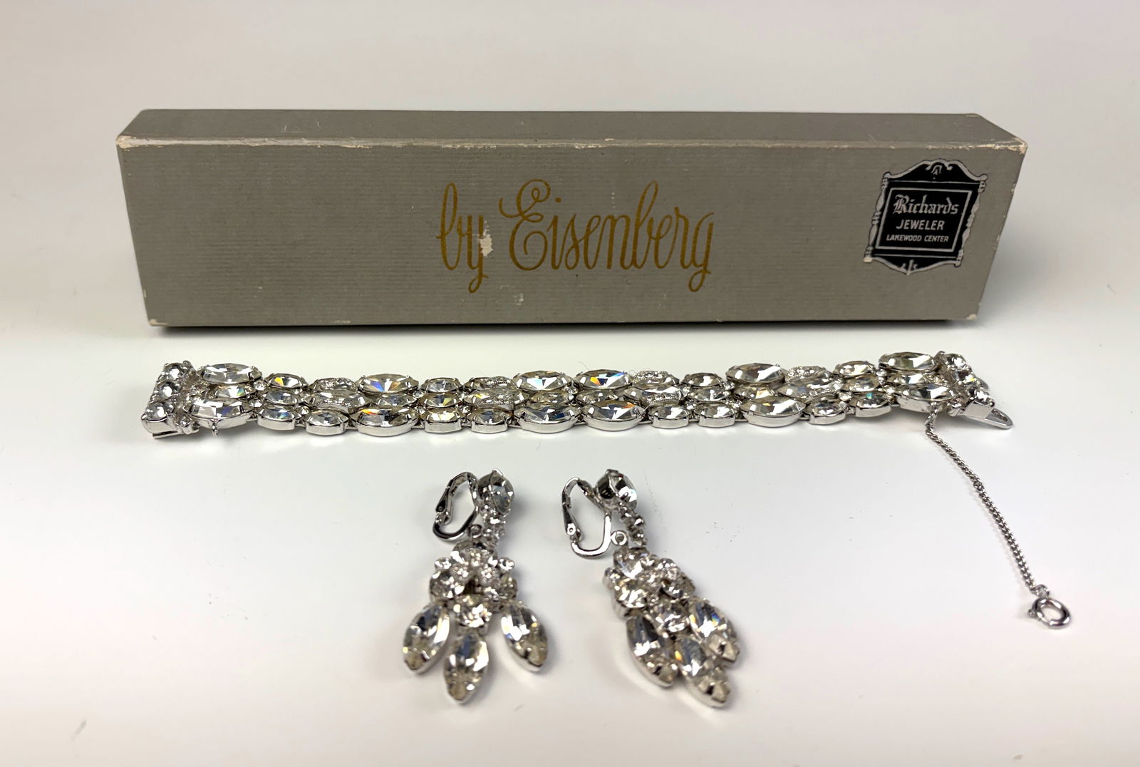 Eisenberg Ice Bracelet & Earrings Set: A matching jewelry set by Eisenberg Ice consisting of a bracelet and pair of earrings. The bracelet is signed “Eisenberg Ice” and marked U.S. Pat. 3077089, with the earrings also marked Eisenb