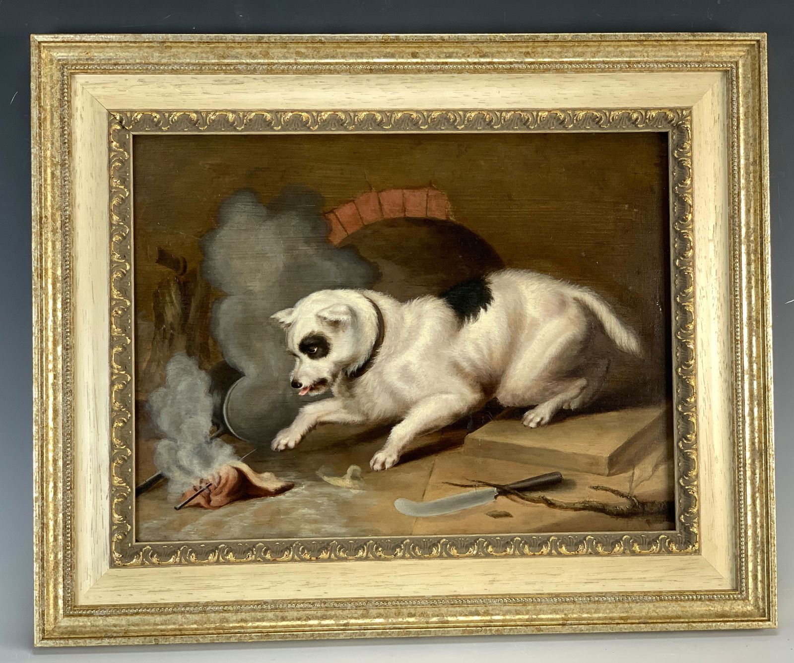 Late 19th C English School Painting of Dog: Wonderful oil painting on wood panel depicting a dog sensing danger in the kitchen. Signed indistinctly "RM 1881" in the lower right. Late 19th century. Cleaned and restored. Sight 11.5" x 15" framed