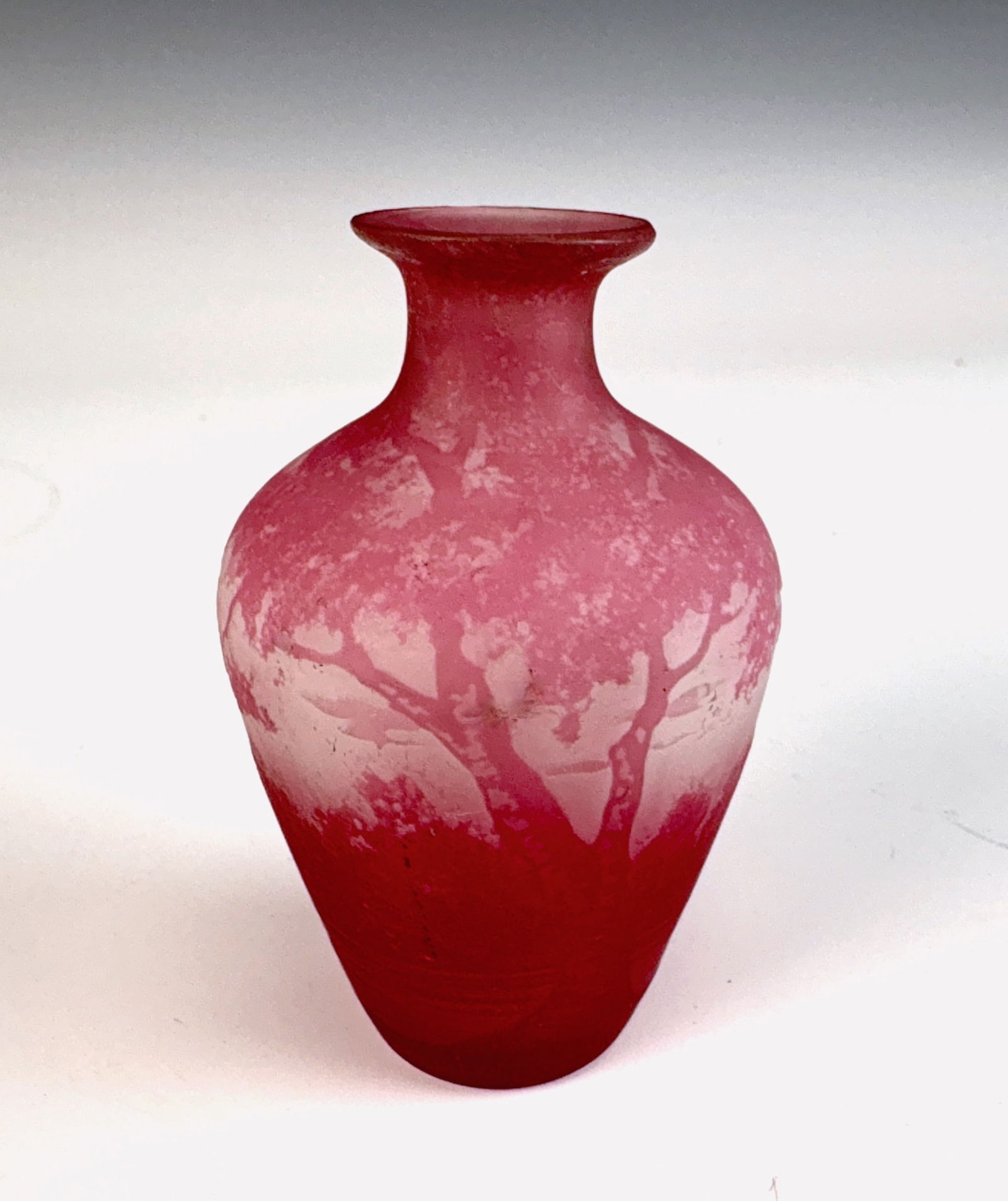 Richard Miniature Cameo Glass Scenic Vase: Having a red cameo art glass scene of trees and lake scene over a white frosted body, signed "Richard", very good condition, 3.5" tall