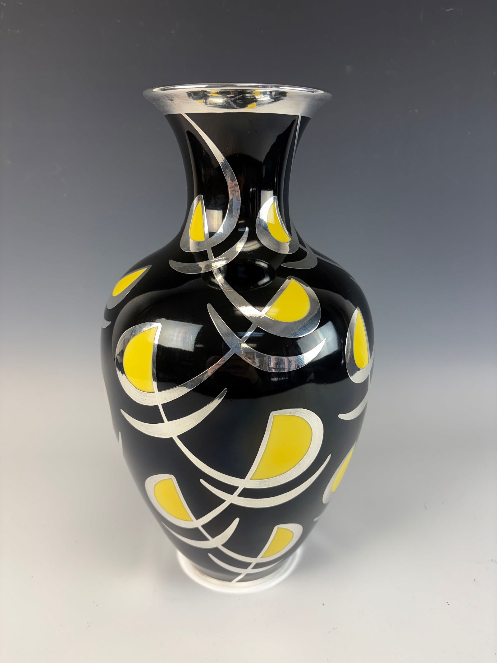 Deco Silver Overlay Porcelain Vase Sgd. Edelstein: Stunning large signed Edelstein art deco Bavarian vase (uncommon) with silver overlay marked "Sparhr 1000", signed on bottom edge, retains original label on bottom from the jewelry store in Koln/Colog