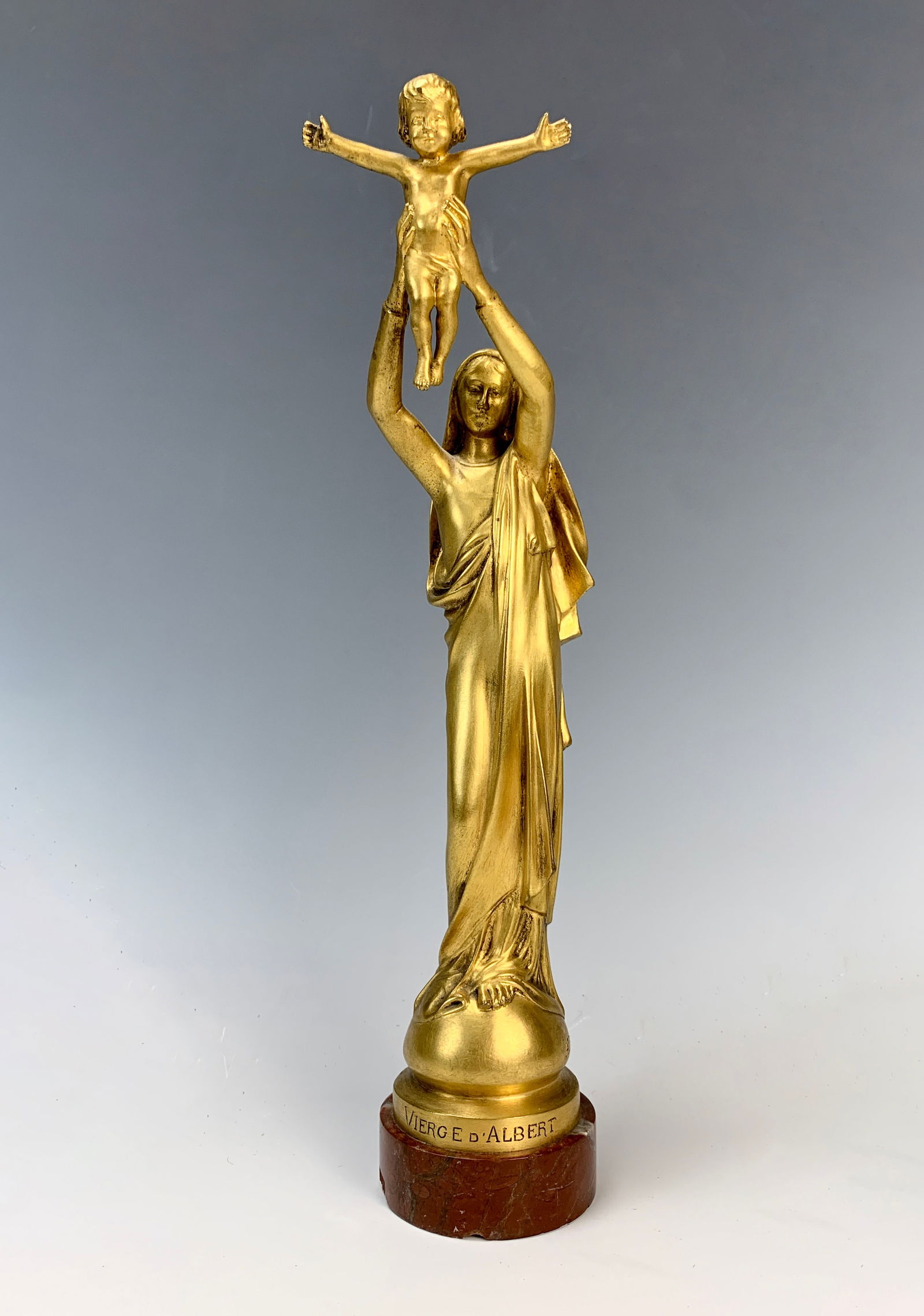 Albert Roze Bronze Sculpture "Virgin Of Albert": Circa 1910.Albert Roze (1861-1952) Dore bronze sculpture of the Virgin Mary with child, signed by the sculptor Albert Dominique Roze and has the foundry mark Barbedienne, sculpture is mounted atop a r