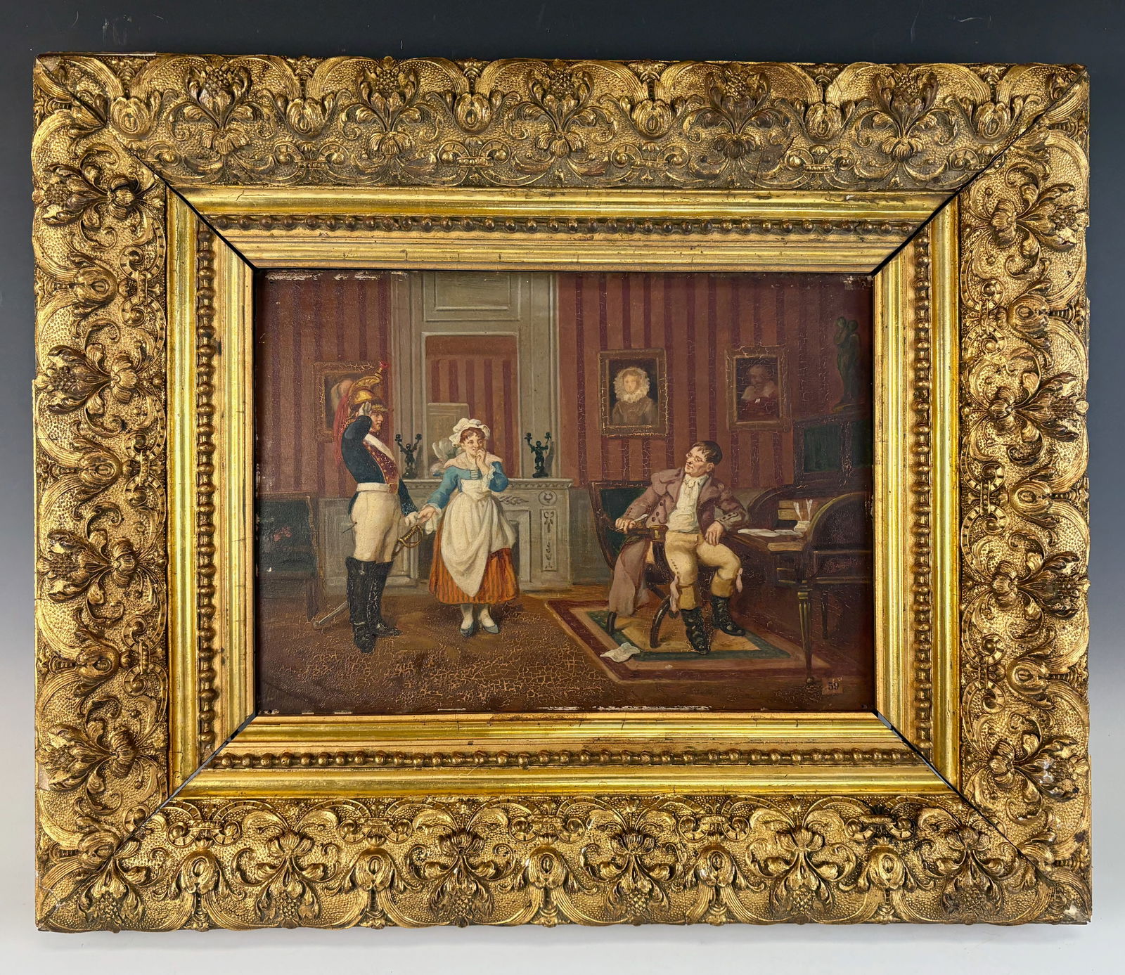Late 19th-Century Oil Painting Soldier & Man: circa 1880, European oil painting on board depicting a well-dressed man seated at his desk, addressed by a soldier while a lady housekeeper looks on. Unsigned, with a small paper marked #59. Mounted i