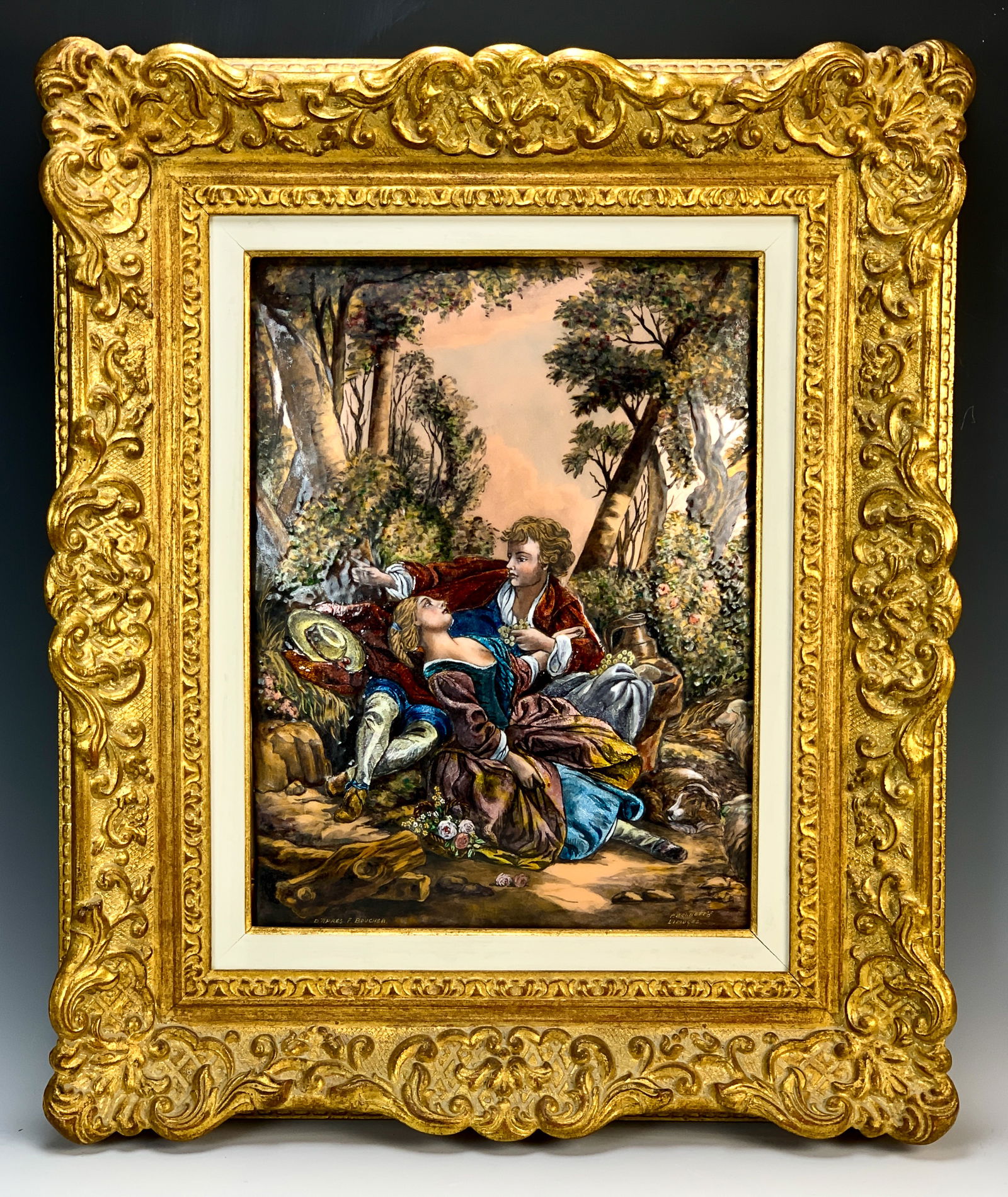 Beautiful Large Limoges Enamel Lovers Plaque: Impressive large Llimoges enamel plaque depicting lovers in the forest with their dog, mounted in a beautiful ornate gilt frame, plaque signed lower right "P. Bonnet Limoges", also marked "Apres F. Bo