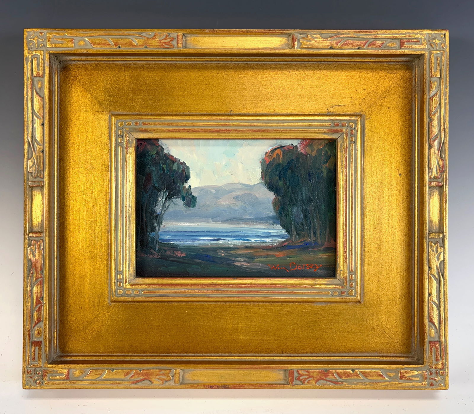 William Dorsey California Coastal Painting: William Dorsey (1942–2019) California plein air artist. Oil on canvas, “Coastal View of the Pacific Beyond Eucalyptus Trees.” Great example of his signature highly collectible style. Signed