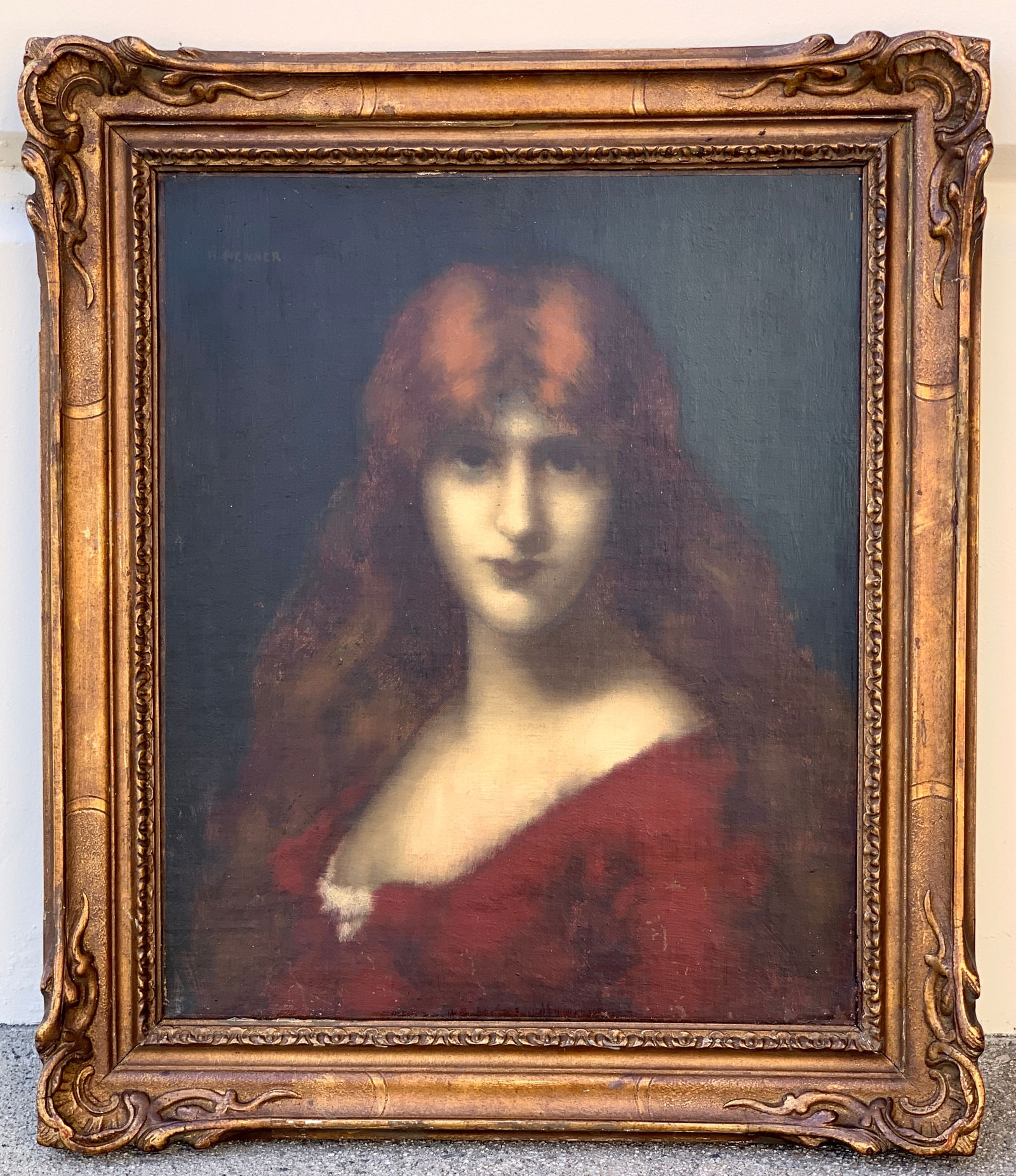 Jacques Henner Attrib. Girl's Portrait Painting: Jacques Henner (Attrib. 1829-1905) signed oil on canvas, portrait of a girl. Signed "JJ Henner" on upper left, in original gilt frame, good overall condition, has minor flaking on bottom and small are