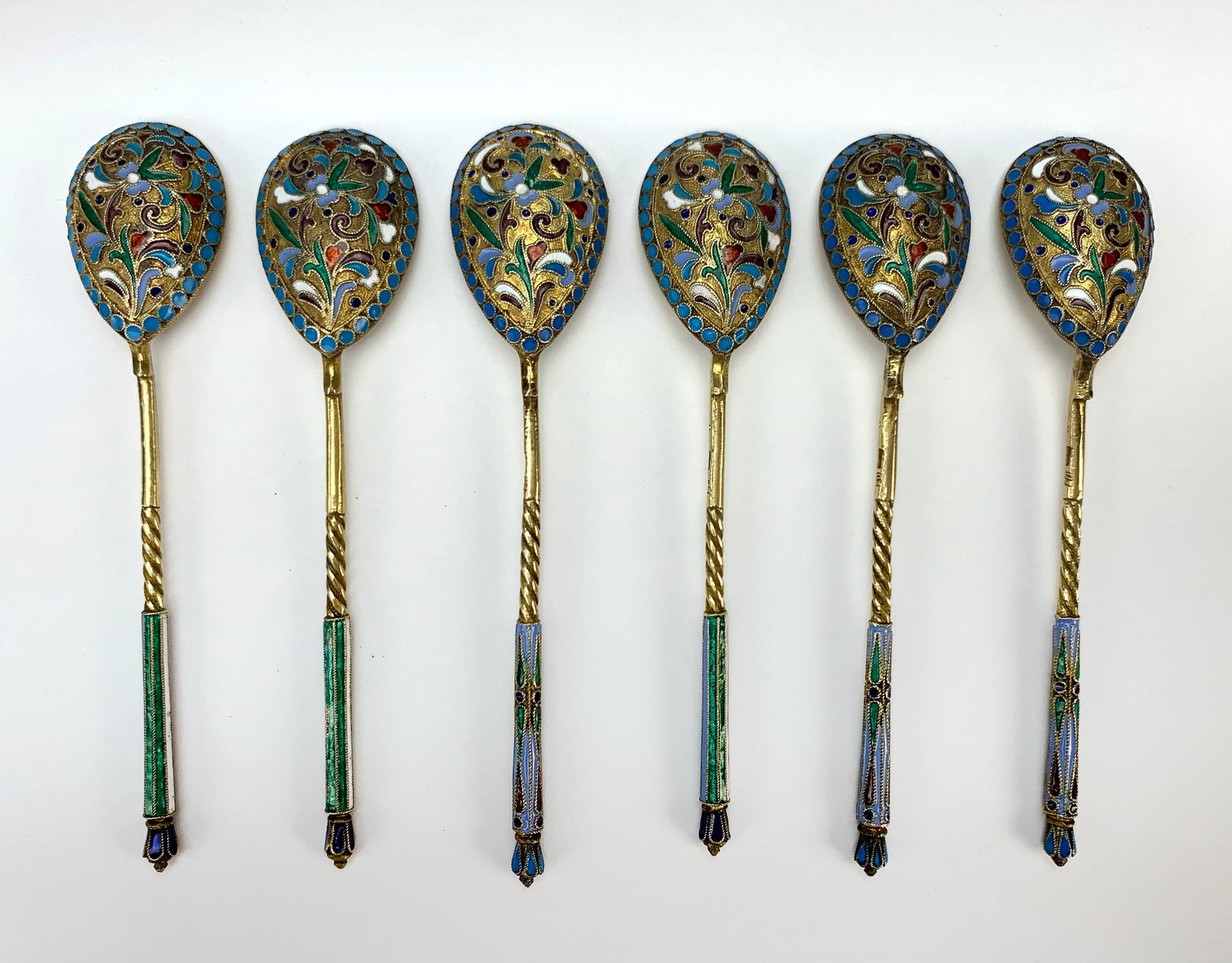 Set Of 6 Russian Silver Enamel Teaspoons (1 of 2)